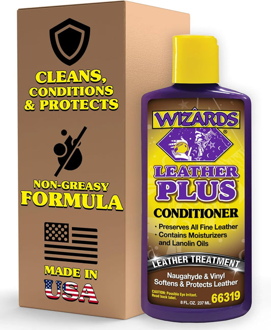 Wizards Leather Plus Leather Conditioner - Moisturizing Car Leather Seat Cleaner and Conditioner - Cleans, Conditions and Protects Leather, Naugahyde and Vinyl Car Accessories - 8 oz - Made in USA