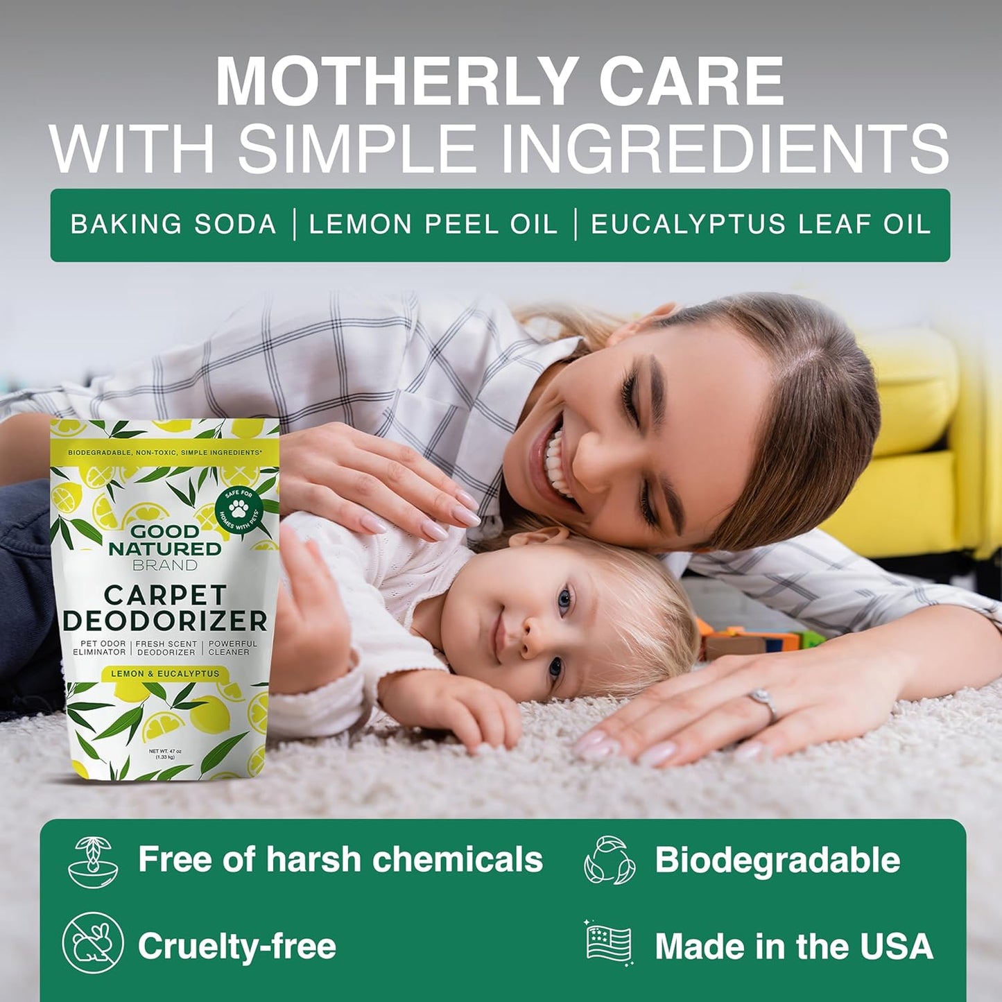 Good Natured Brand | Carpet Deodorizer & Freshener Powder | 47 oz Pet Odor Eliminator for Strong Odor & Pet Urine | Fresh Natural Lemon & Eucalyptus Scent | Safe for Homes with Pets