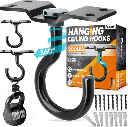 [UPGRADED] 2Pcs 200LBS Rotatable Ceiling Hooks with 4 Screw Points Base, Wall Mount Metal Hanger Black Ceiling Hook for Hanging Plant, Bird Feeder, Lights, Bed Canopy, Wind Chime, Indoor Outdoor Decor