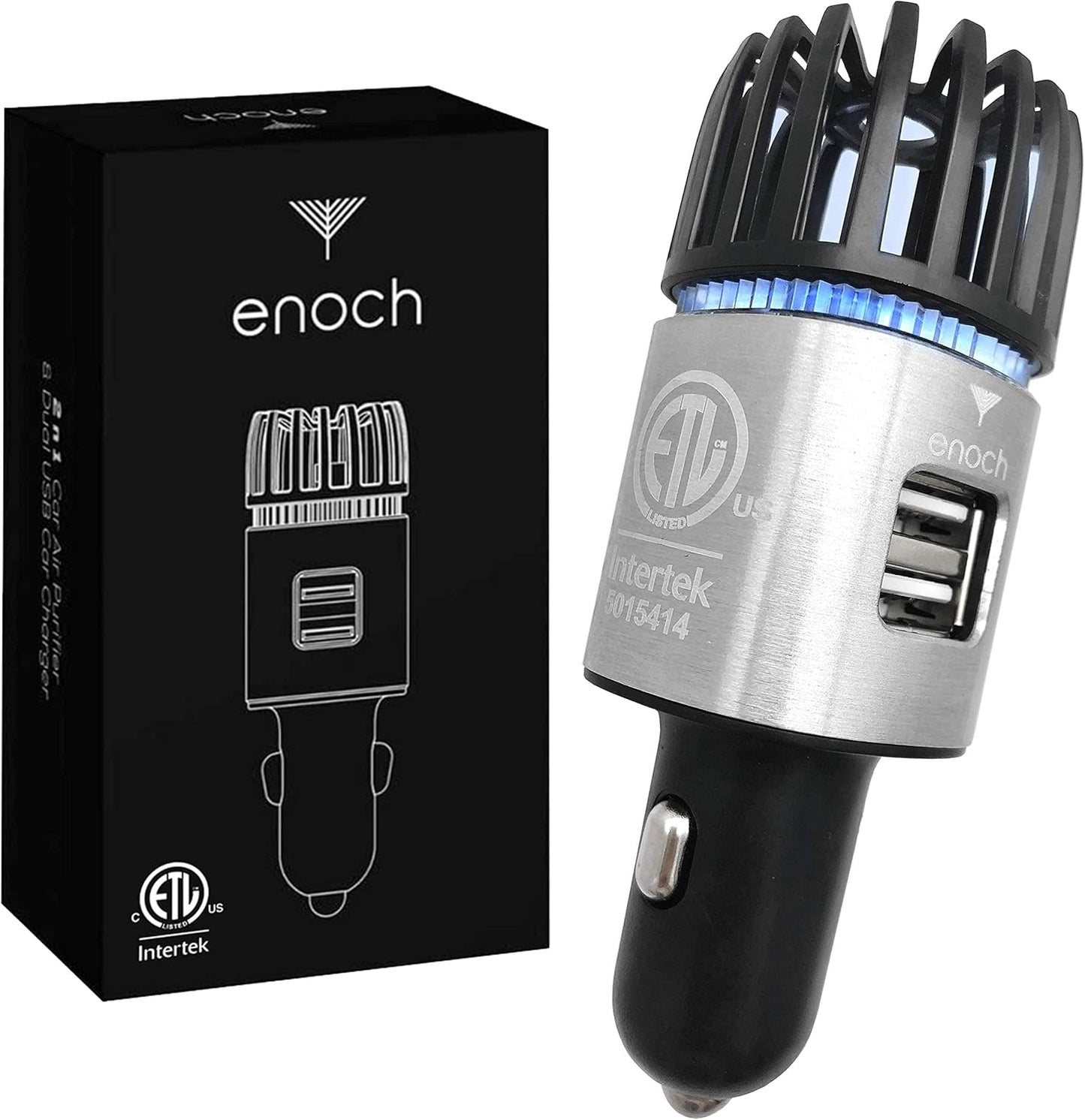 Enoch Car Air Purifier Premium Air Ionizer - 12V Plug-In Ionic Ozone Deodorizer Accessory with Dual USB Car Charger - Eliminates Cigarette Smoke, Pet and Food Odors, Dust (Gray Silver)