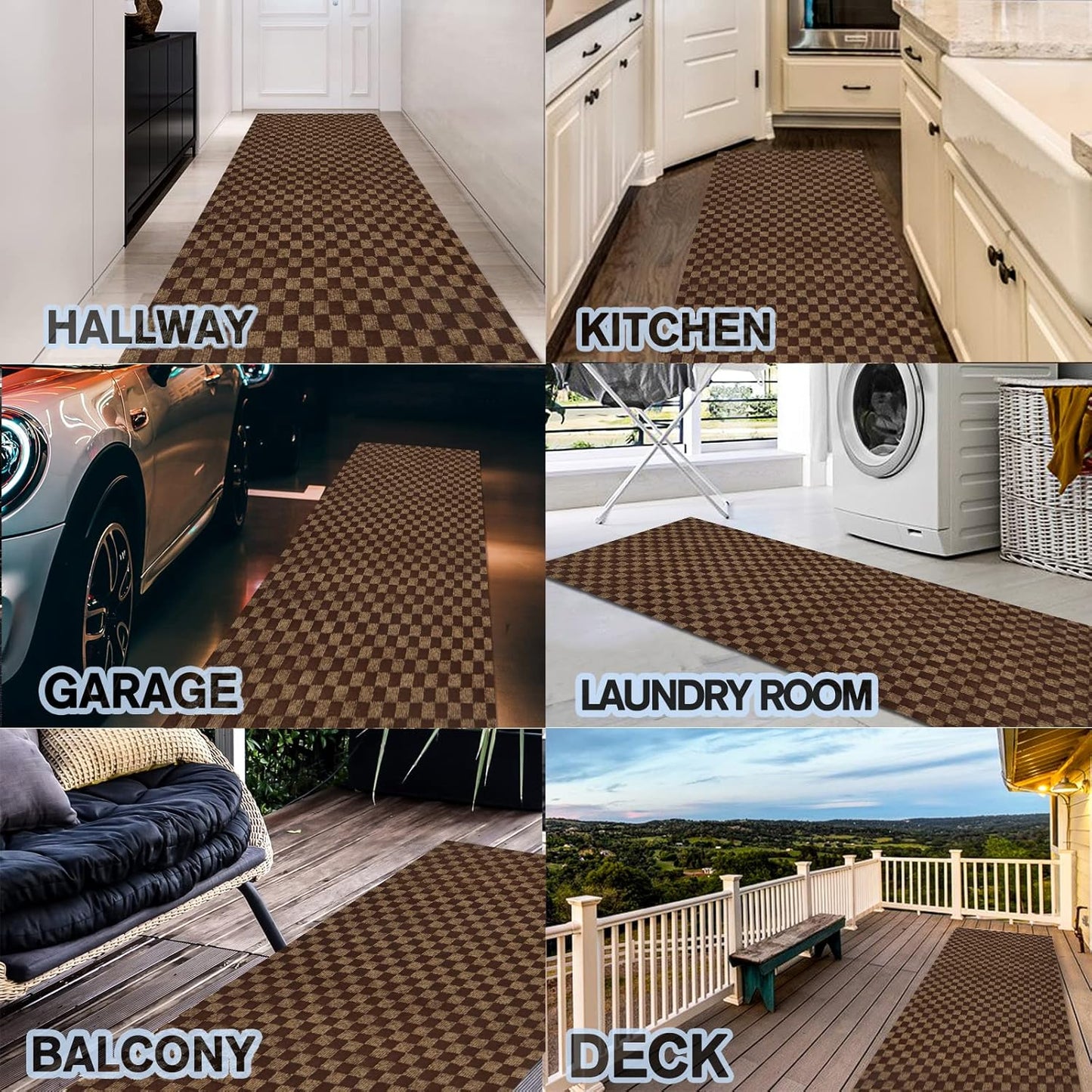Custom Size Backed Non-Slip Area Rugs Runner, Easy Clean, Waterproof Runner Rugs for Hallway Entryway, Kitchen, Laundry, 3FT x 60FT, Brown Checkered