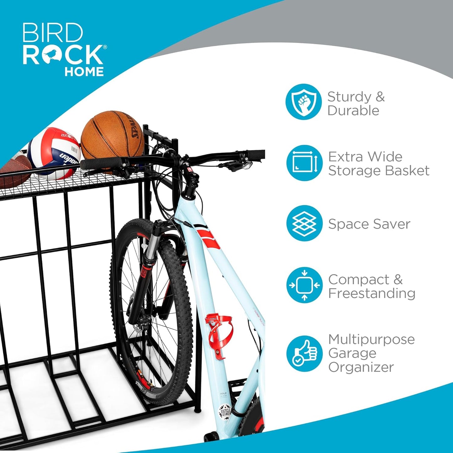 BIRDROCK HOME Bike Rack Garage Storage Floor Stand - Freestanding Organizer for Outdoor Yard - Upright Wall Mount for Scooters, Rakes, Motorcycles, Hoverboards, Gloves - Holds 4 Bicycle - Black