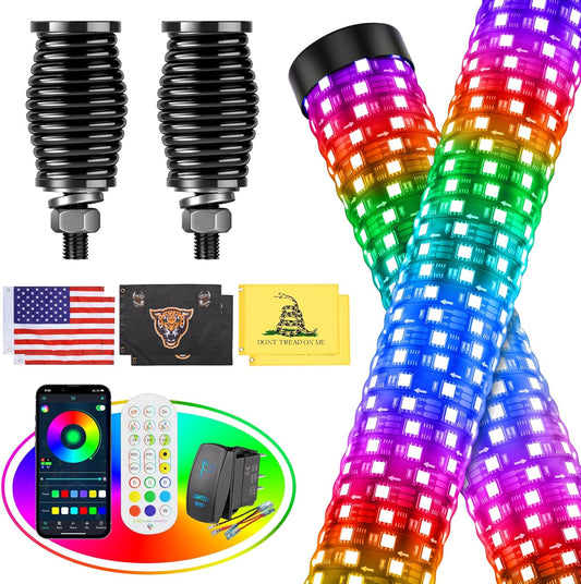 2PCS 1FT Fat Whip Lights for UTV ATV with Spring Base, Led Fatty Whip Light W/Rocker Switch & 6 Flags, Brighter Spiral Chasing Lighted Antenna Whip with APP & Remote Control for RZR SXS Can-Am