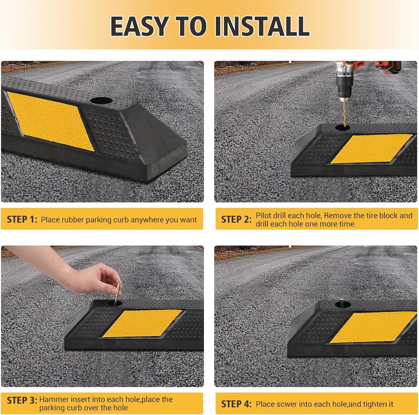 Heavy Duty Rubber Parking Curb (72.8" Extra Wide) - 55000 Lb Capacity with 8 Reflective Strips, UV/Oil Resistant for Driveways & Commercial Lots(1 Pack)