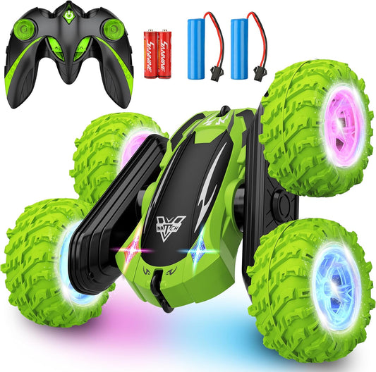 KKONES Remote Control Car, 2.4GHz Electric Race Stunt Car, Double Sided 360° Rolling Rotating Rotation, LED Headlights RC 4WD High Speed Off Road Gift for 3 4 5 6 7 8-12 Year Old Boy Toys (Green)