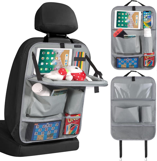 LUCMO Car Backseat Organizer with Tablet Holder,6 Storage Pockets Car Storage Organizer with Foldable Food Tray,Protectors Kick Mats Travel Accessories-Grey