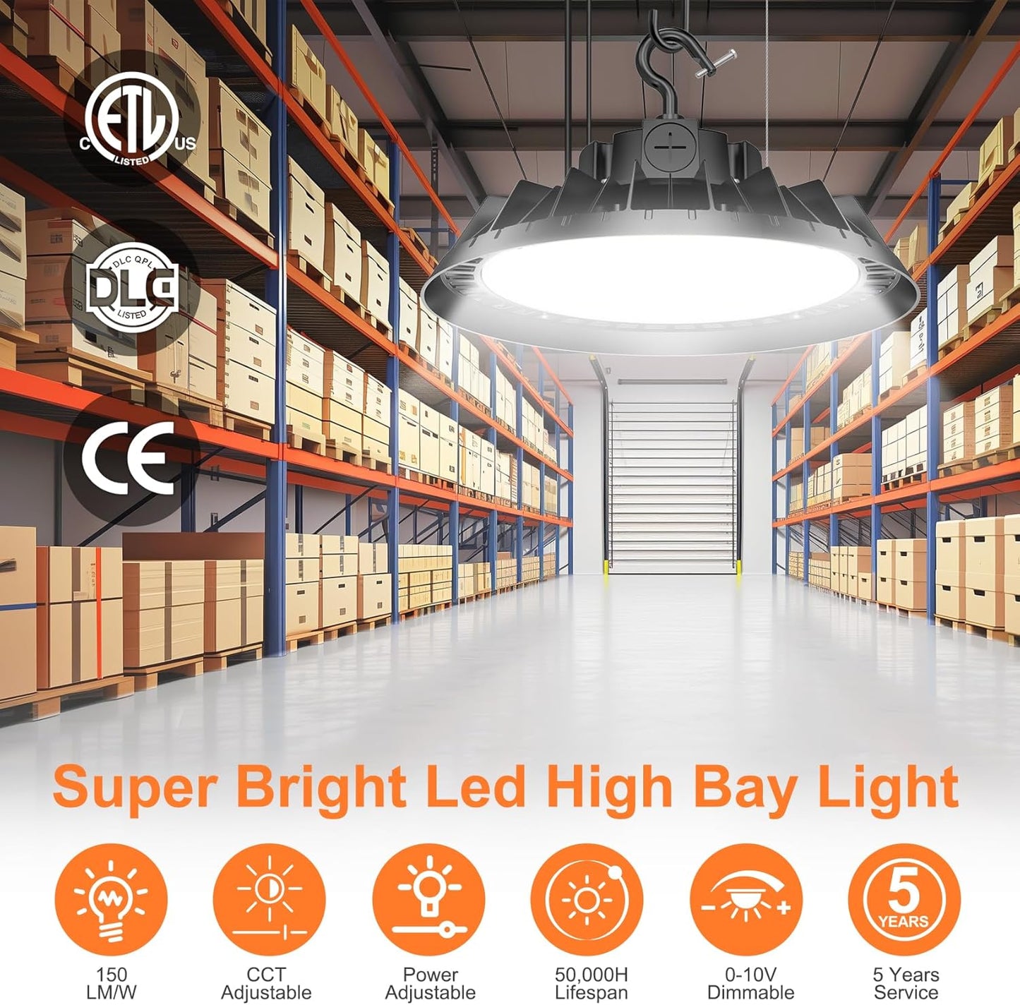 8Pack LED High Bay Lights, 150W UFO High Bay LED Shop Lights, 22500LM Adjustable CCT(5700K 5000K 4500K) & Power(150W 120W 80W), 0-10V Dimmable, 5' Cable Plug, IP65 Waterproof, ETL & DLC Listed