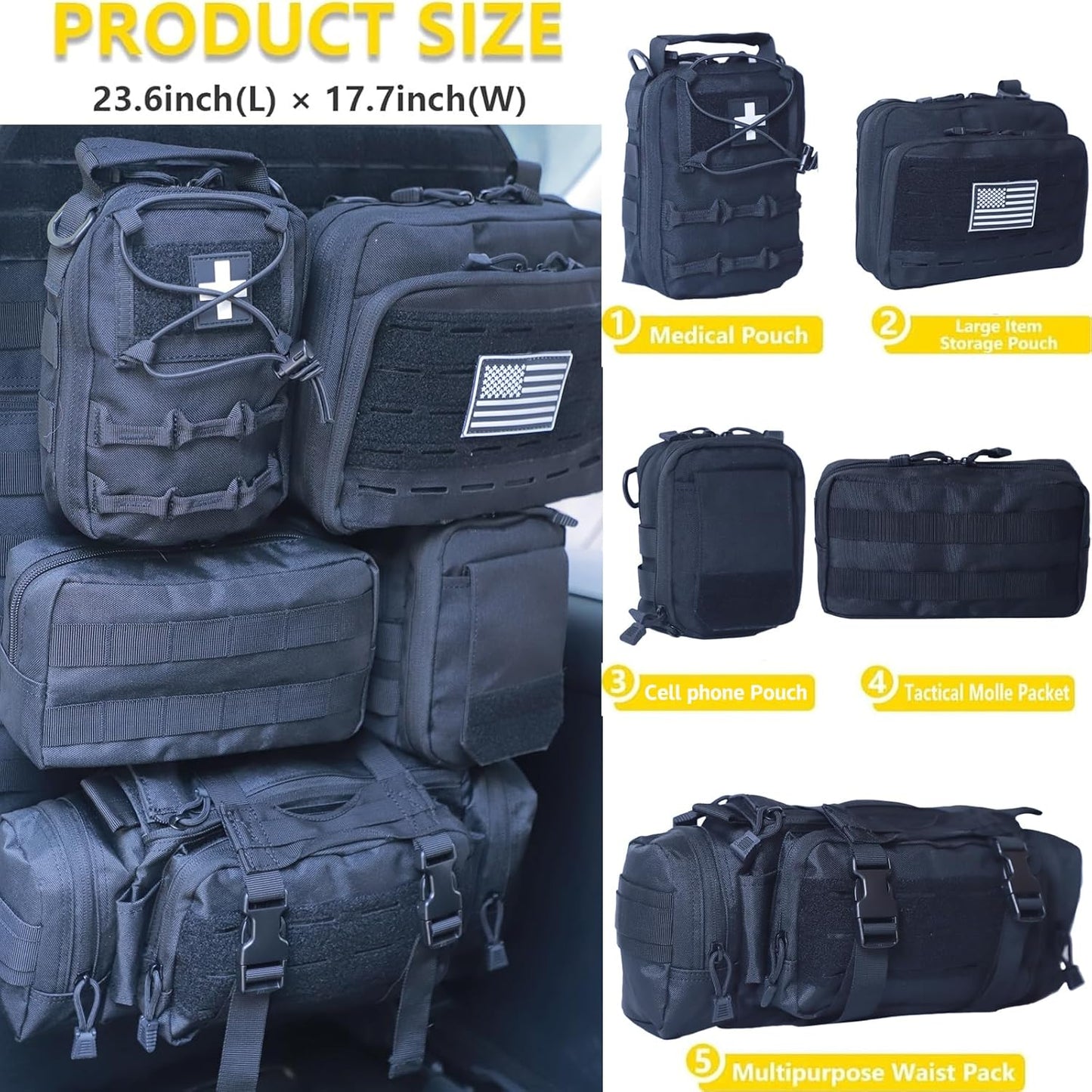 Universal Tactical Seat Back Organizer Vehicle Molle Panel Organizer Storage Bag with 5 Detachable Molle Pouch for All Vehicel Such as Jeep,Truck,SUV, Car, Ford,Chevy etc