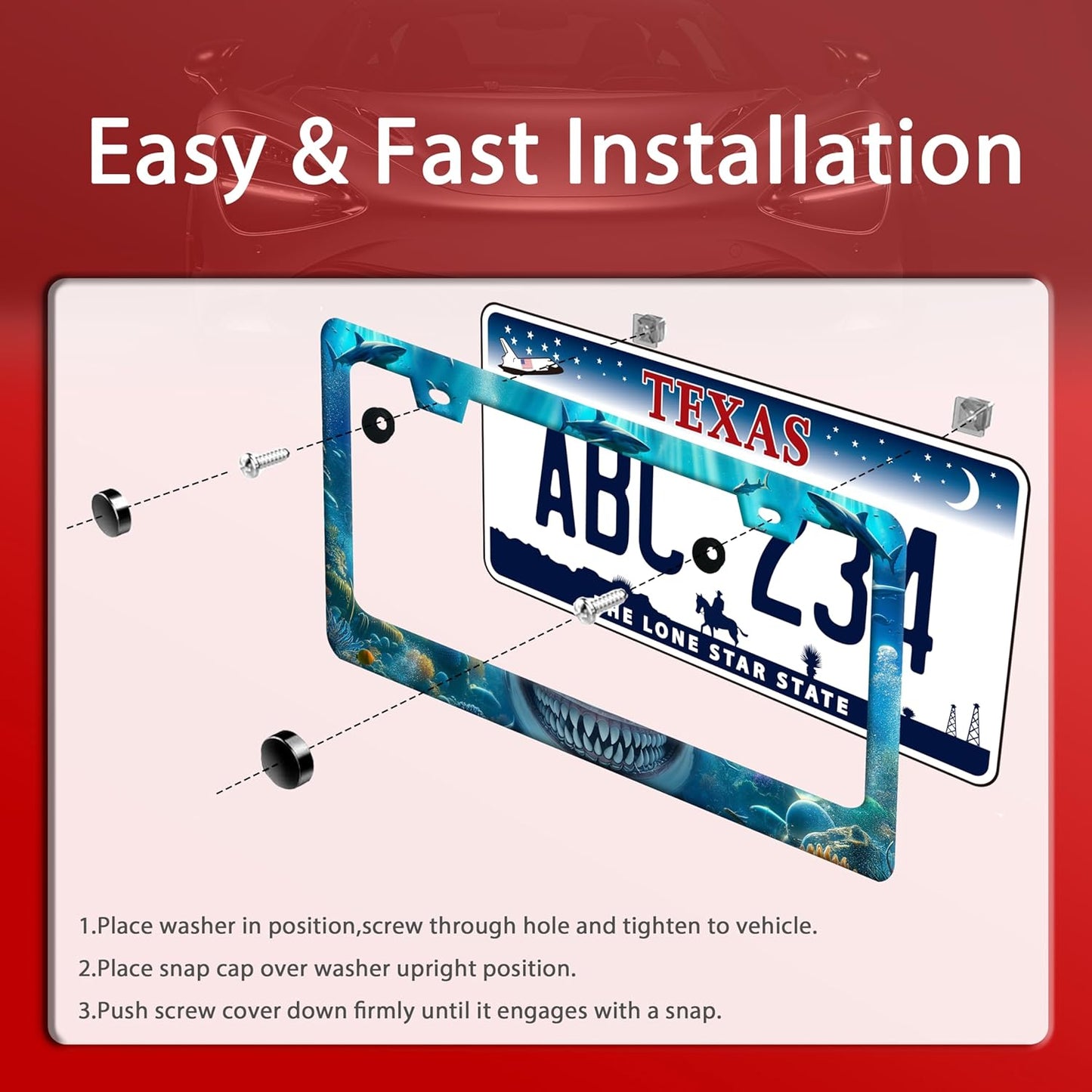 Shark License Plate Frame Ocean Marine Fish License Plate Holder Funny Stainless Steel Accessories Cars Decor with 2 Holes and Screws Fits Standard Us Ca Vehicles License Plate Frames 12.2 X 6 Inch