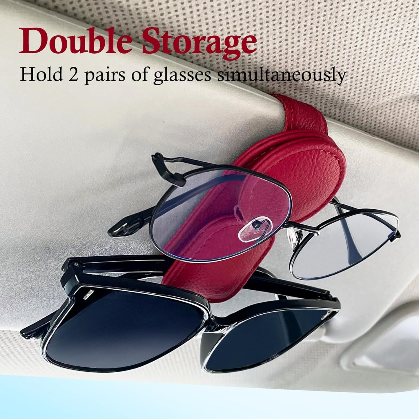 KIWEN 2 Pack Sunglasses Holder for Car Visor, Magnetic Leather Sunglass Eyeglass Hanger Clip for Car Sun Visor Accessories (2, Red)