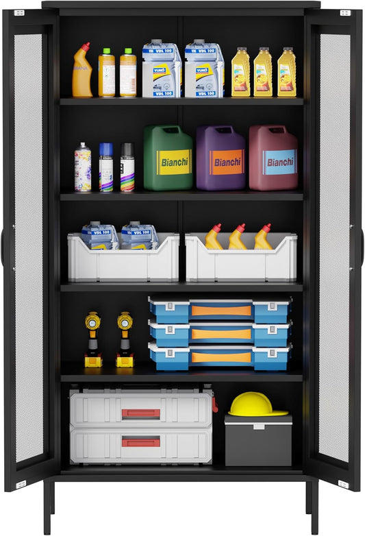 73 '' Metal Garage Storage Cabinet, 2 Doors and 4 Adjustable Shelves, mesh Door Design, can be Used to Store Tools, consumables, Books, etc., for Office, Home, Garage, Gym, School (Black)