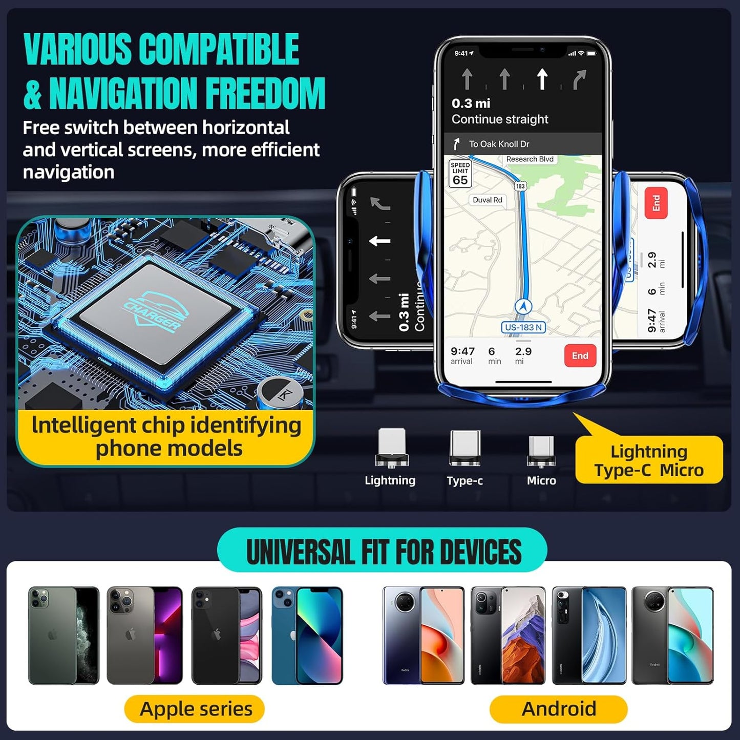 Wireless Car Charger, MAX 15W Fast Charging Auto Clamping, Sensing Phone Holder Mount, fit for iPhone 16 15 14 13 12 Pro Max Xs X, Samsung Galaxy S24 Ultra S23 S22 S21 S20 Note 20 (3-Blue)