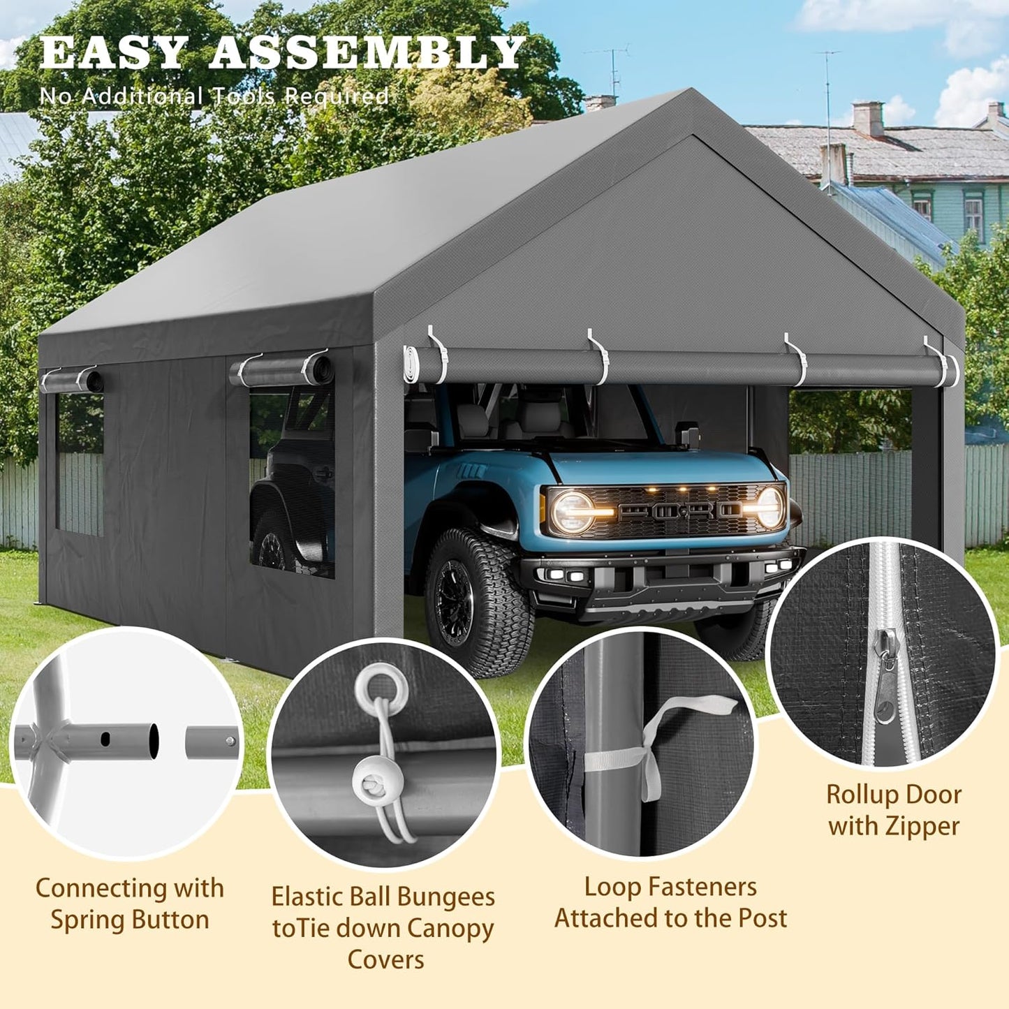 Walsunny Carport, 12x20 ft Heavy Duty Carport Canopy with Roll-up Windows, Portable Garage with Removable Sidewalls & Doors, Car Canopy with All-Season Tarp for Car, Truck, Boat