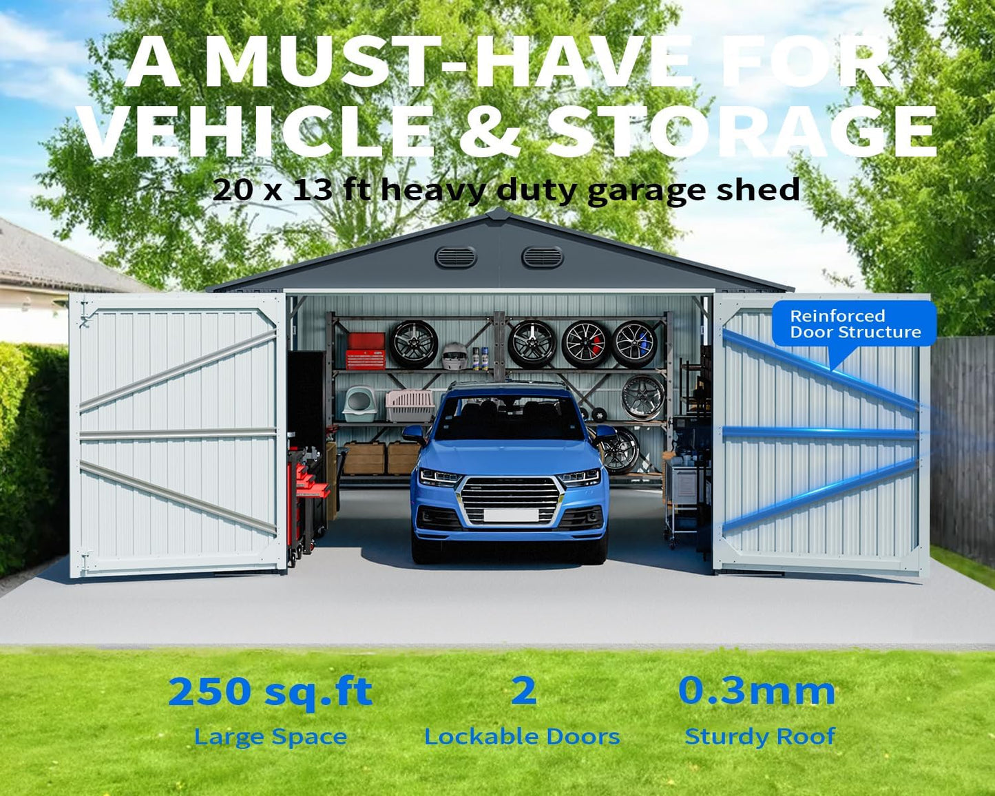 20 x 13 FT Outdoor Storage Shed, Large Metal Garden Tool Shed with 2 Lockable Doors, Outdoor Storage Building with 4 Air Vents, Garage House Waterproof for Car, Truck, Bike, Tool, Black