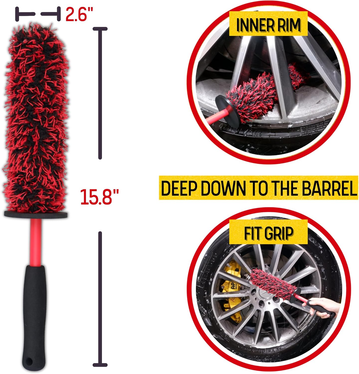 Metal Free Microfiber Wheel Brush Kit- Microfiber Angled Wheel Brush, Long Handle Wheel Brush, Tire& Detailing Brush, Wheel Wash Mitt. Hands-On Wheel Detailing Kit for Daily Wheel Cleaning