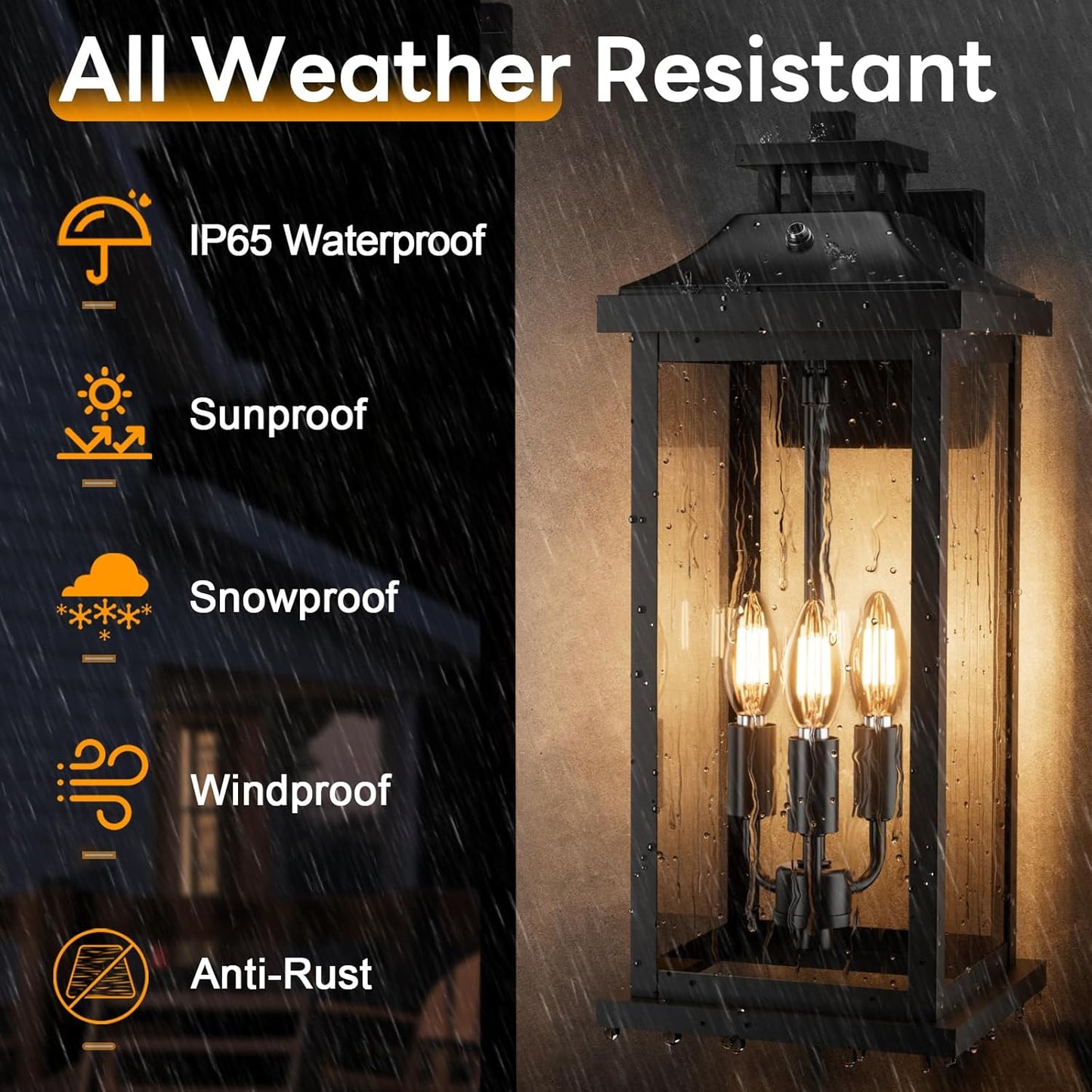 20" Large Dusk to Dawn Outdoor Lights 3-Light, 2 Pack Black Modern Exterior Lighting Fixtures Photocell Sensor Outside Porch Lights Wall Mount, Waterproof Patio Exterior Sconce Lamps E12