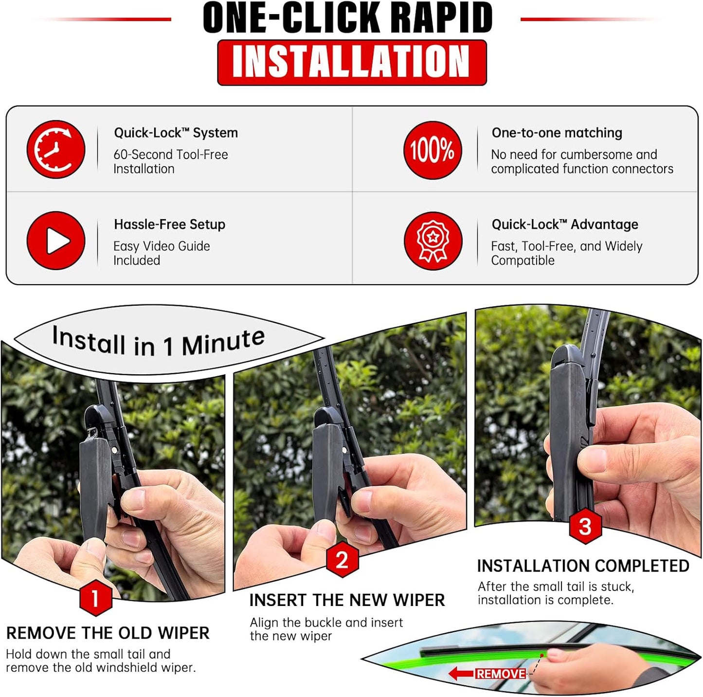 Windshield Wiper Blade Set Replacement for 2011-2022 Ford Explorer and Rear Windshield Wiper Blade-26"/22"/11" (Set of 3) Pinch Tab