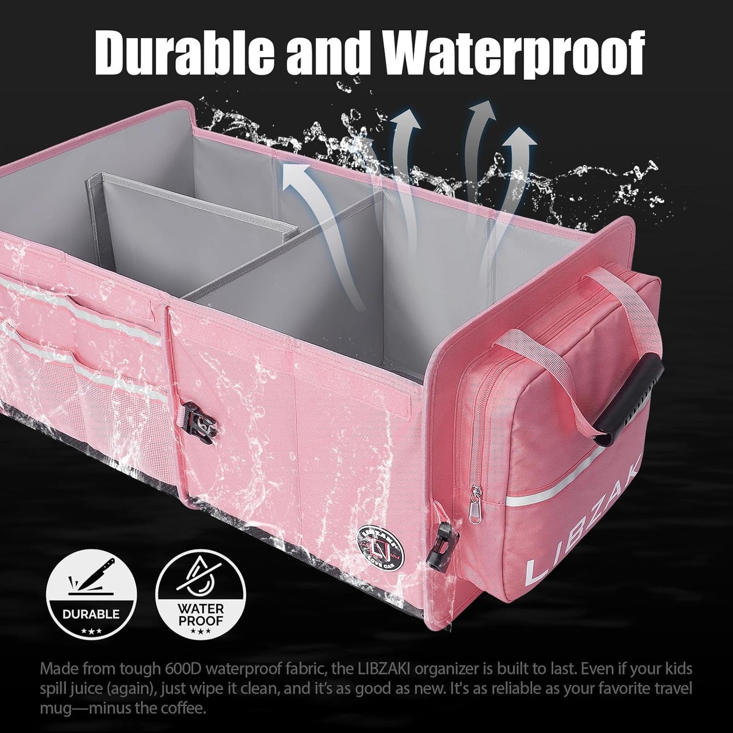 LIBZAKI Car Trunk Storage Organizer, Multi Compartment Collapsible Trunk Storage Box for Car Truck SUV-Pink