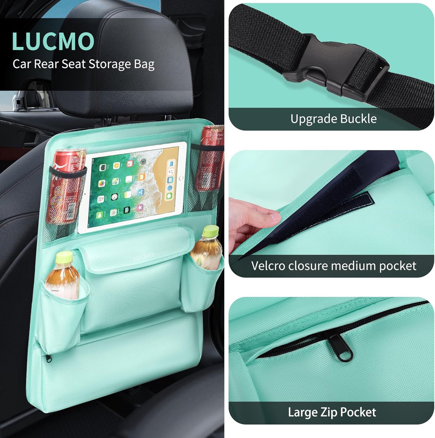 LUCMO Car Backseat Organizer with Touch Screen Tablet Holder,9 Storage Pockets Car Storage Organizer,Protectors Kick Mats Travel Accessories for Kids-Light Blue