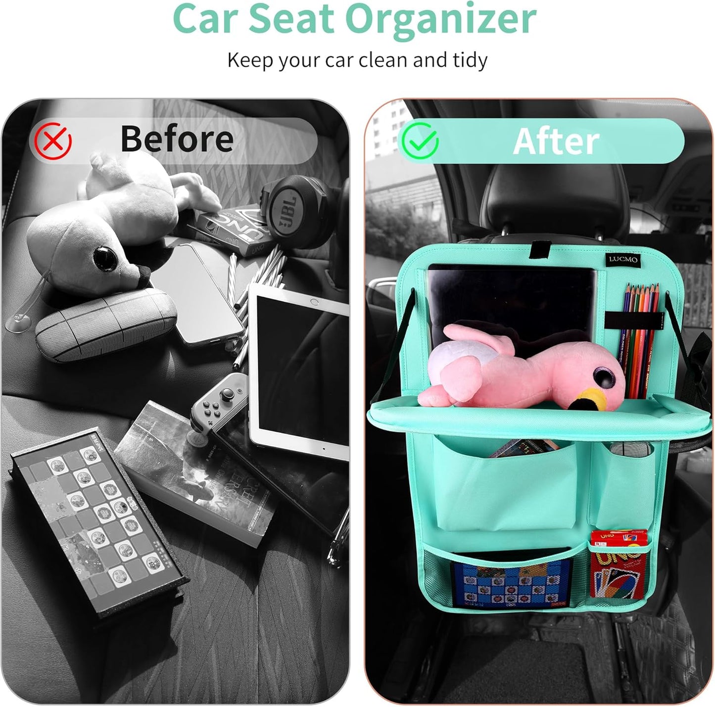 LUCMO Car Backseat Organizer with Tablet Holder,6 Storage Pockets Car Storage Organizer with Foldable Food Tray,Seat Protectors Kick Mats Travel Accessories-Light Blue