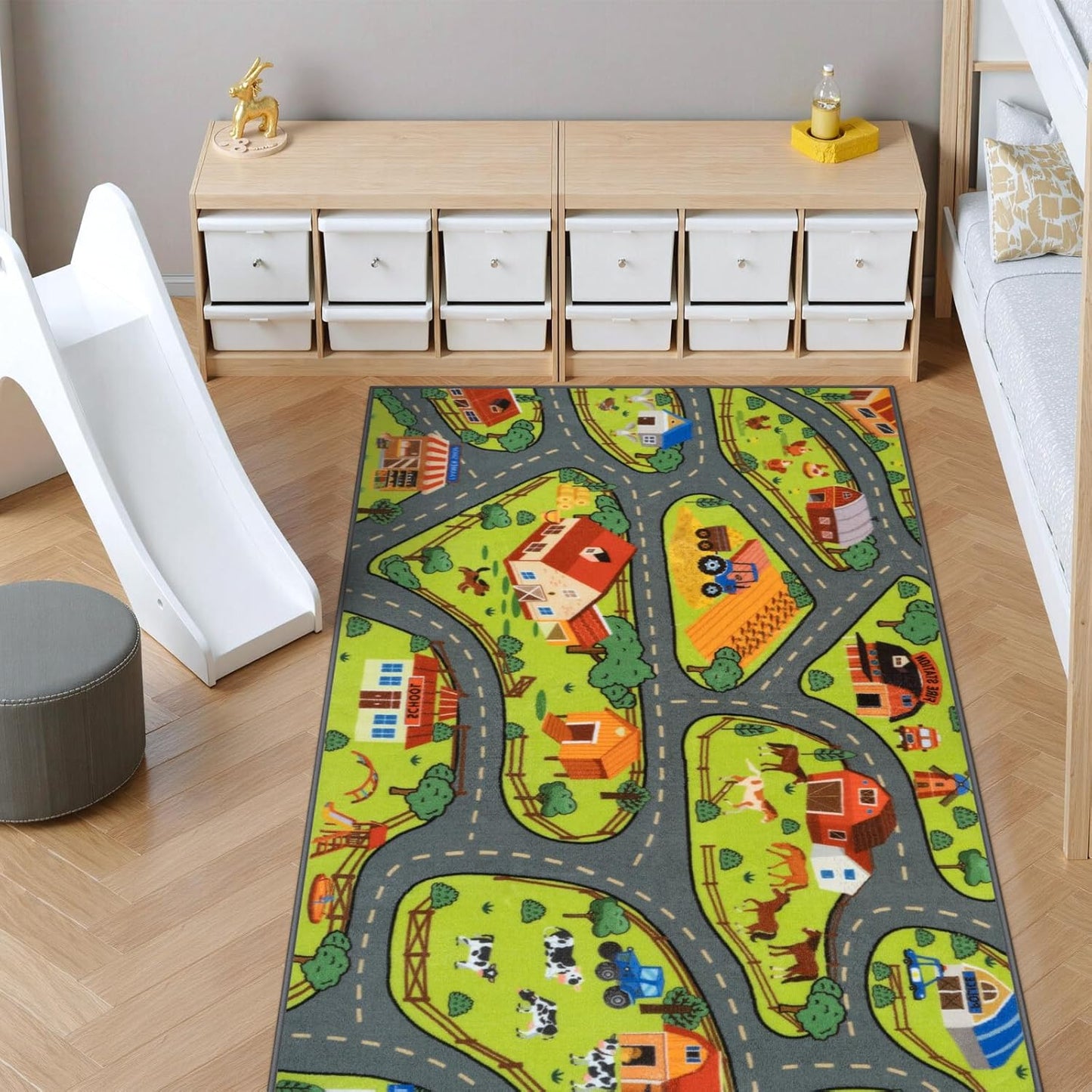 STARUIA Washable Kids Carpet Playmat Rug for Boys Room, 79"x39" Large Toddler Car Rug for Kids Toy Cars, Fun Learning Farm Play Mat Road Rugs for Kids Room Bedroom Playroom