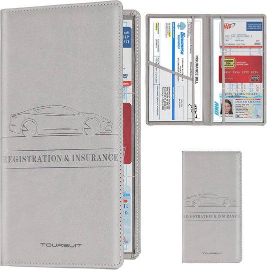 TOURSUIT Car Registration and Insurance Card Holder, Vehicle License Document Glove Box Compartment Organizer, Interior Car Accessories for Women Men Teens (Grey)