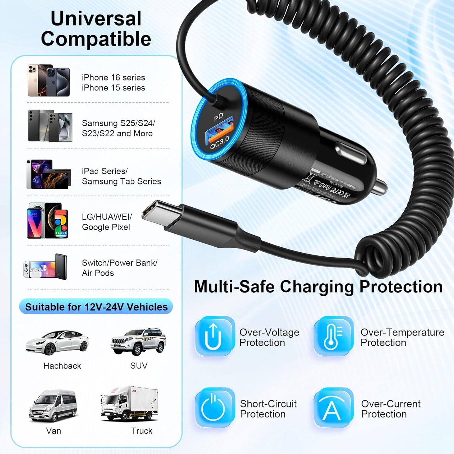 Car Charger USB C,38W Super Fast Car Adapter with PD 3.0 Bulit in 3.5FT USB C Coiled Cable,Car Phone Charger Fast Charging Compatible with iPhone 16/15 Pro Max,Galaxy S25/S24/S23 Note 20/10,Pixel
