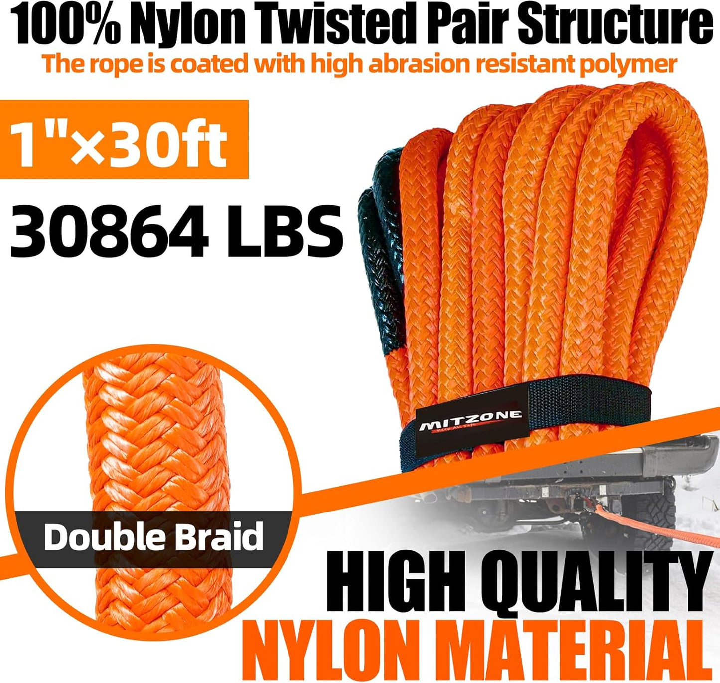 MITZONE Recovery Tow Strap,Heavy Duty Tow Strap Recovery Kit,Car Vehicle Heavy Duty Recovery Rope 37478 lbs for Diesel Trucks,SUV, ATV,Backhoe, Excavators,Ring Shackles,Storage Bag