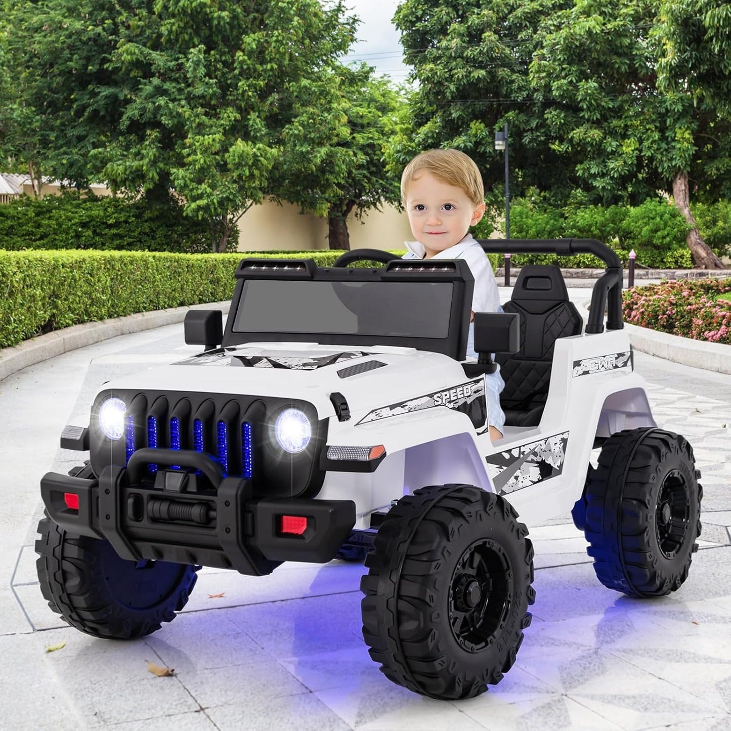 INFANS Kids Ride on Car Truck with 2.4G Remote Control, 12V Battery Powered Electric Cars for Kids w/3 Speeds, Battery Display, LED Lights, Safety Belt, Music & Horn, Bluetooth/FM/USB (White)