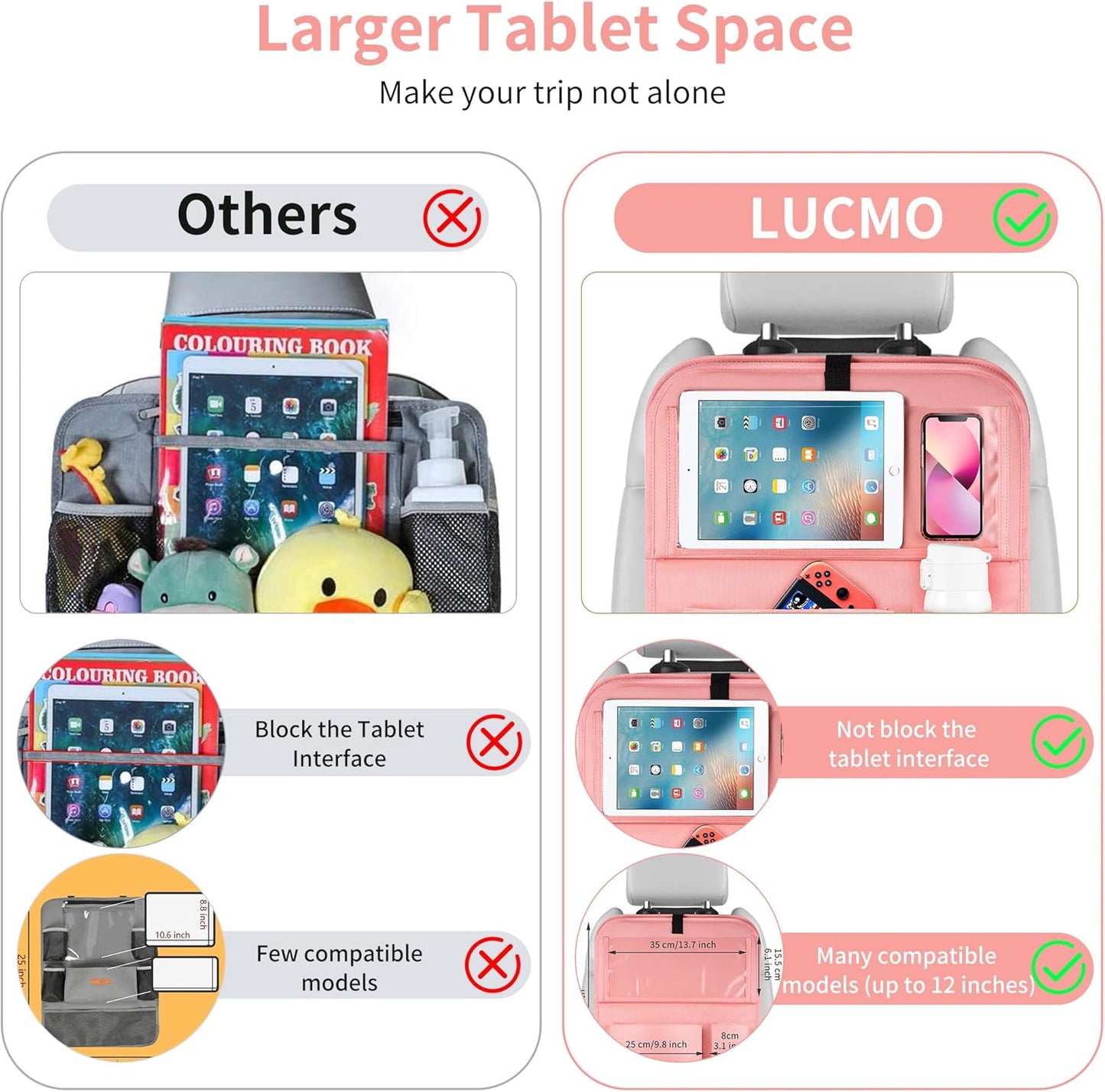 LUCMO Car Backseat Organizer with Tablet Holder-2 Pcs,6 Storage Pockets Car Storage Organizer with Foldable Food Tray,Protectors Kick Mats Travel Accessories-Pink