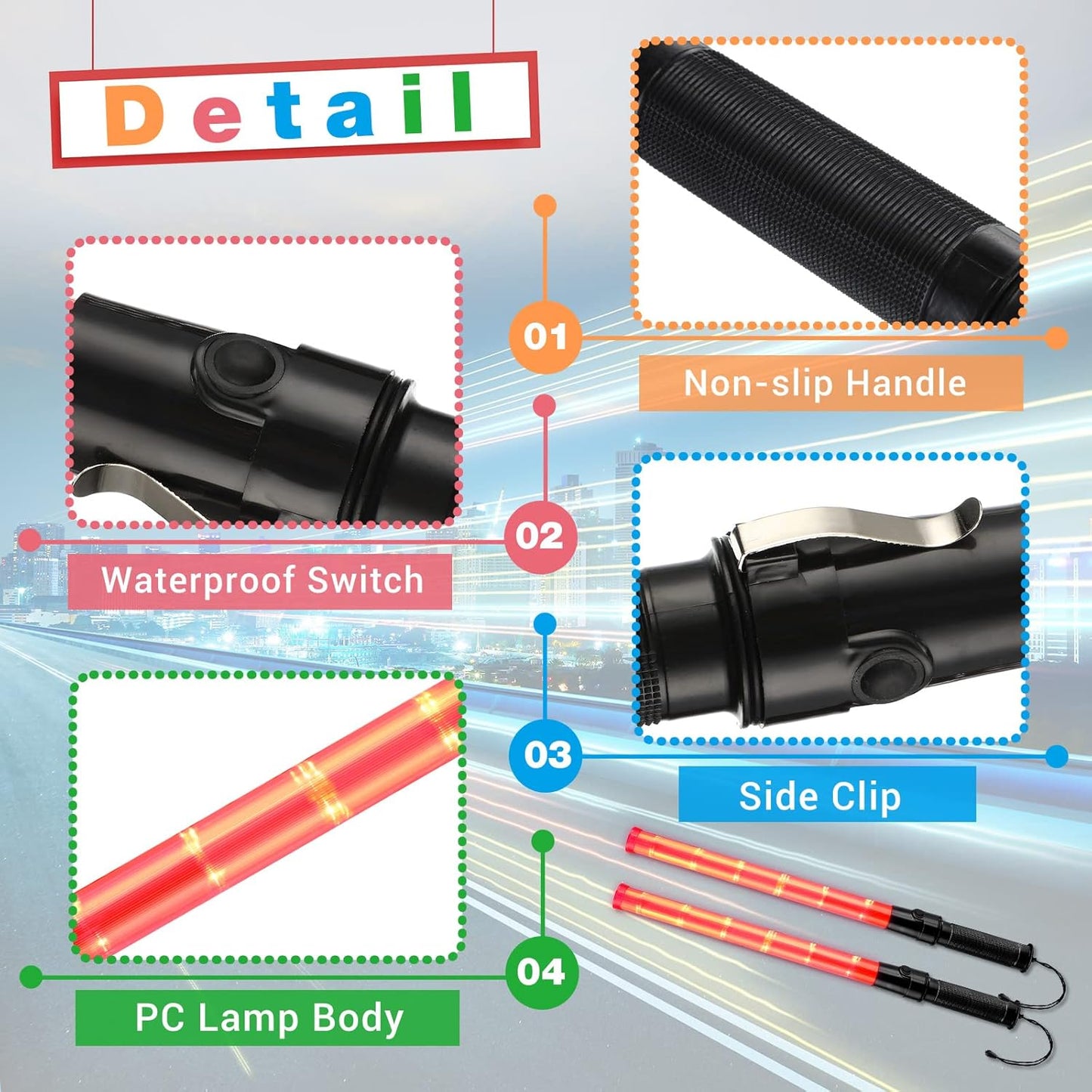 Weewooday 24 Pieces 21 Inch Signal Traffic Wand Safety Traffic Control Wand Safety Baton with 2 Flashing Modes LED Light, Wrist Strap Lanyard and Side Clip Design for Parking Guides, Red, 24 pcs