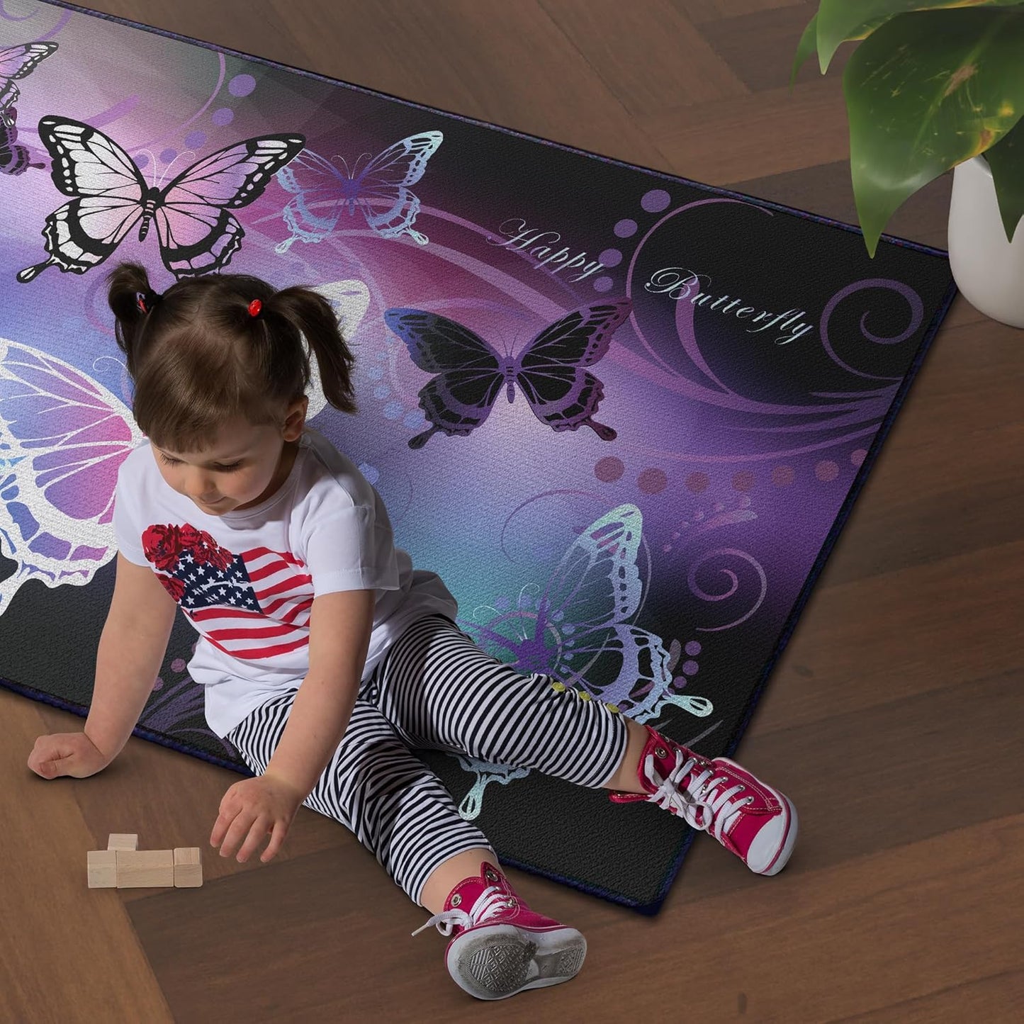 Beautiful Butterfly Fantasy Rug for Playroom Girls Bedroom Colorful Rainbow Butterfly Decor Area Carpet 59"x39" Purple Mat 3D Printed Non-Slip Washable