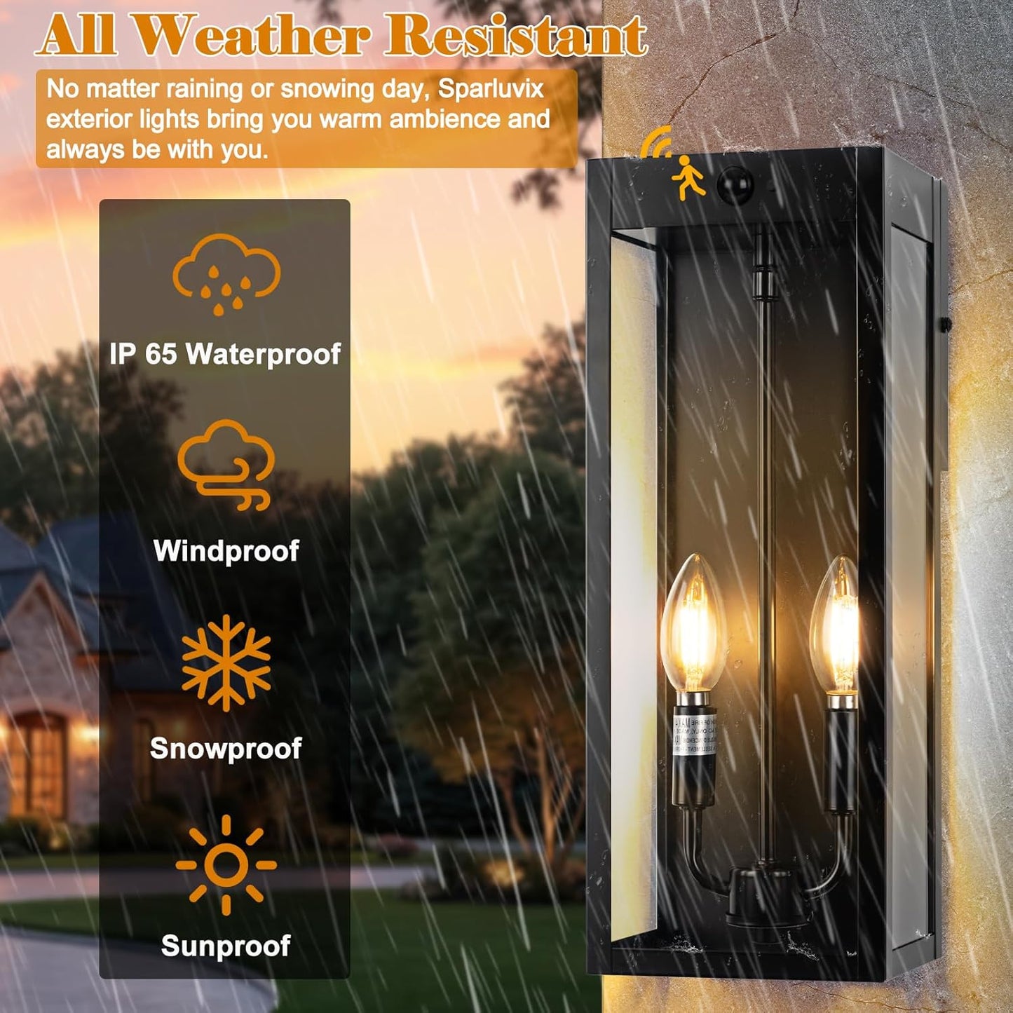 Black Motion Sensor Outdoor Lights 2-Light, 16” Modern Dusk to Dawn Sensor Lights for Outside 2 Pack, Exterior Wall Mount Porch Lanterns Waterproof Outside House Lamps for Garage Yard E12