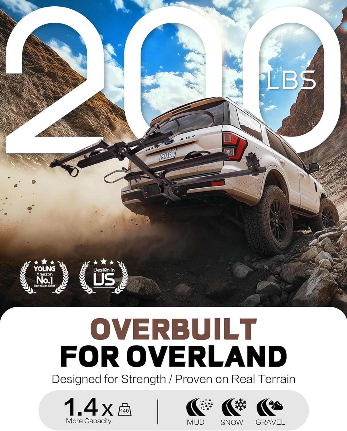 Young E-Bike Rack Hitch Mount Platform Style for Cars Trucks SUVs Minivans RV, fits E-Bike with Up to 5-inch Fat Tire, 200 lbs Capacity, Anti-falloff 360° Swirl Structure