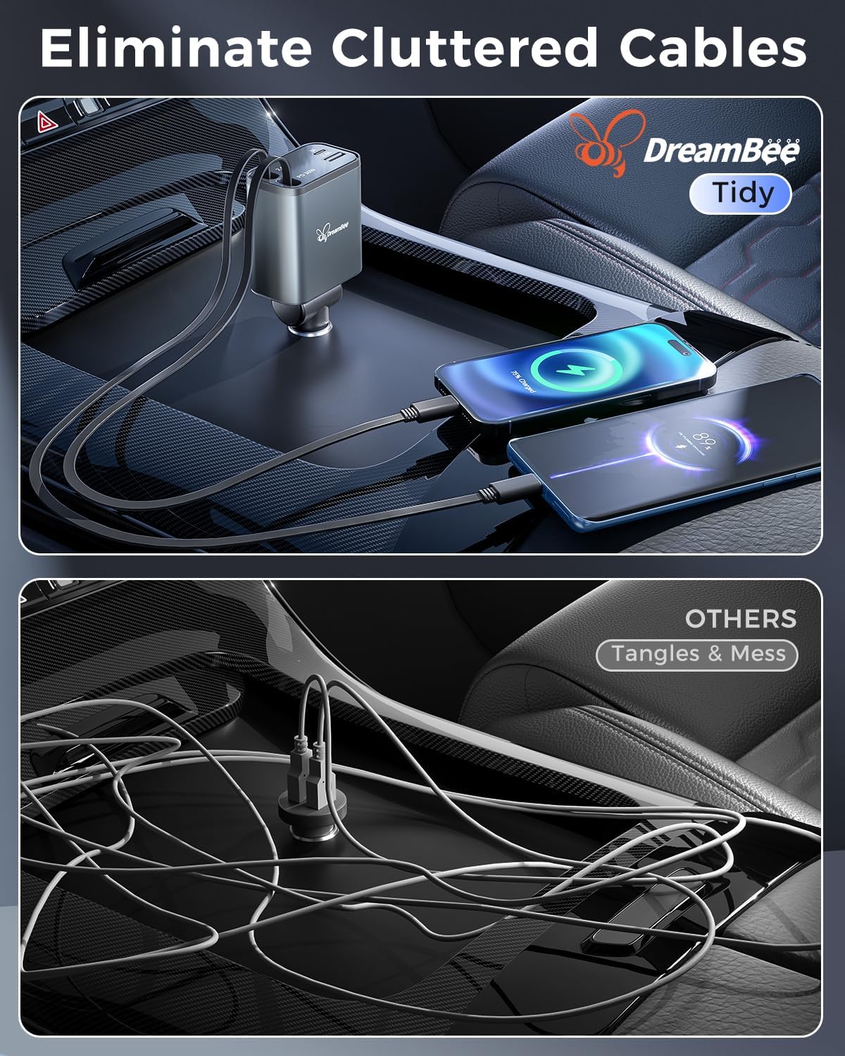 Retractable 70W USB Car Charger Adapter, 4 in 1 Fast Phone Charger, 2 Retractable Cords, USB C, Compatible with iPhone 16/15/15 Pro Max/14/13/12/11, Samsung