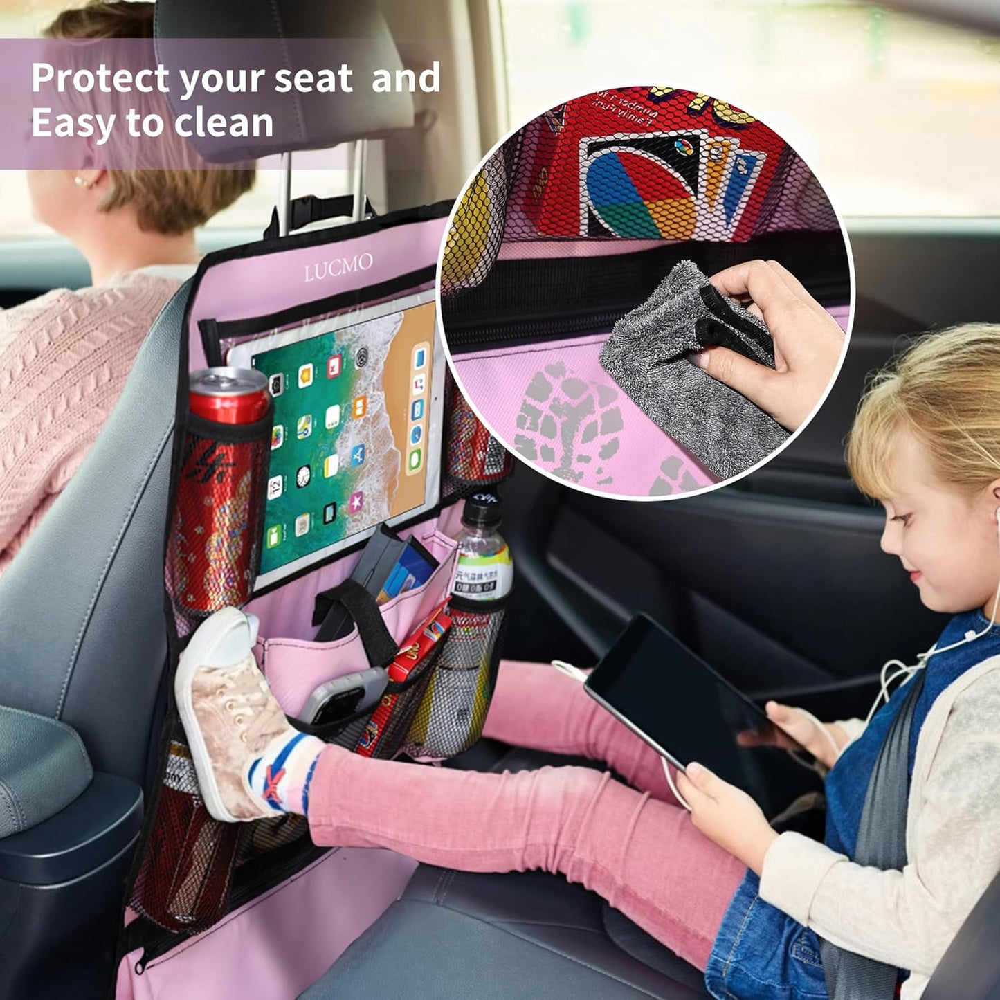 LUCMO Car Backseat Organizer with Touch Screen Tablet Holder-2 Pcs,9 Storage Pockets Car Storage Organizer Protectors Kick Mats Travel Accessories for Kids-Pink