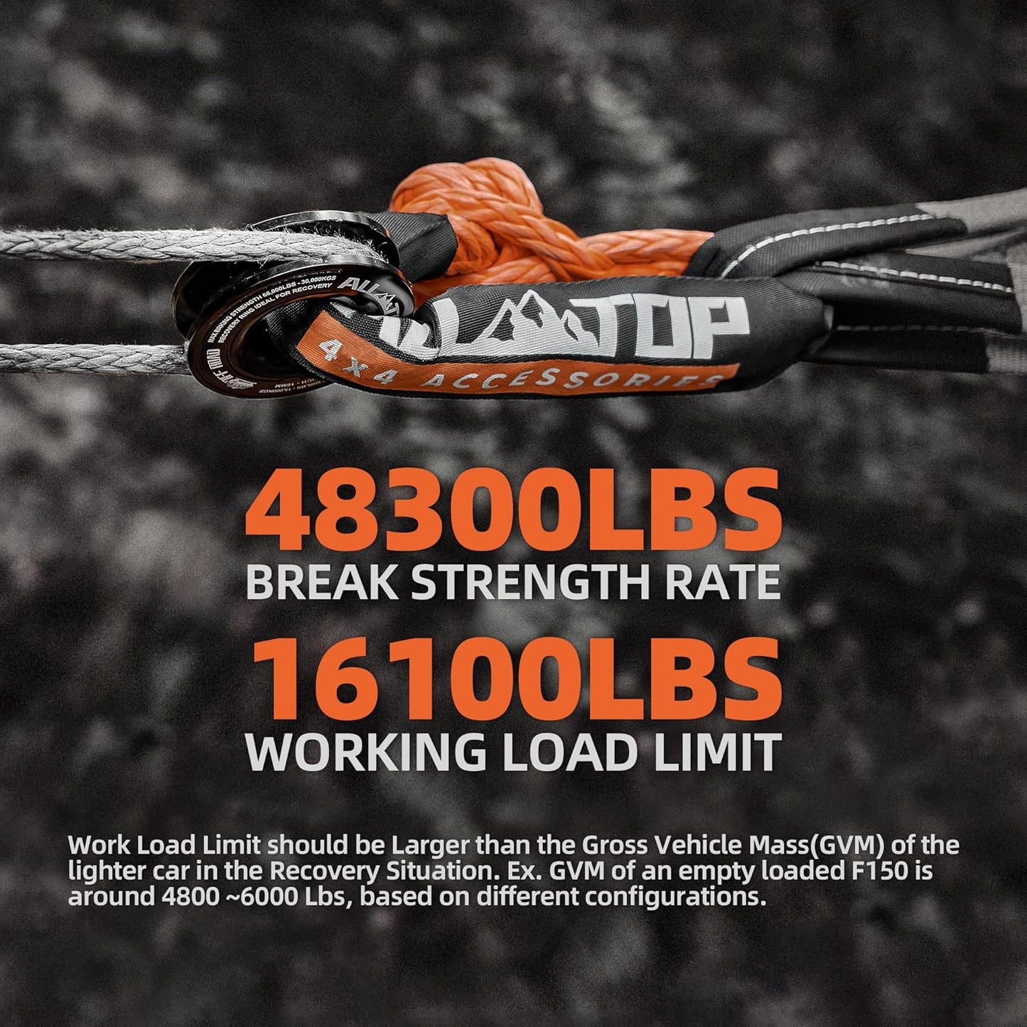 ALL-TOP Synthetic Soft Shackle Rope 1/2in x 22in (48300Lbs Max Break) UHMWPE Recovery Tow Shackles for Offroad 4x4 Vehicles, 2 PCS