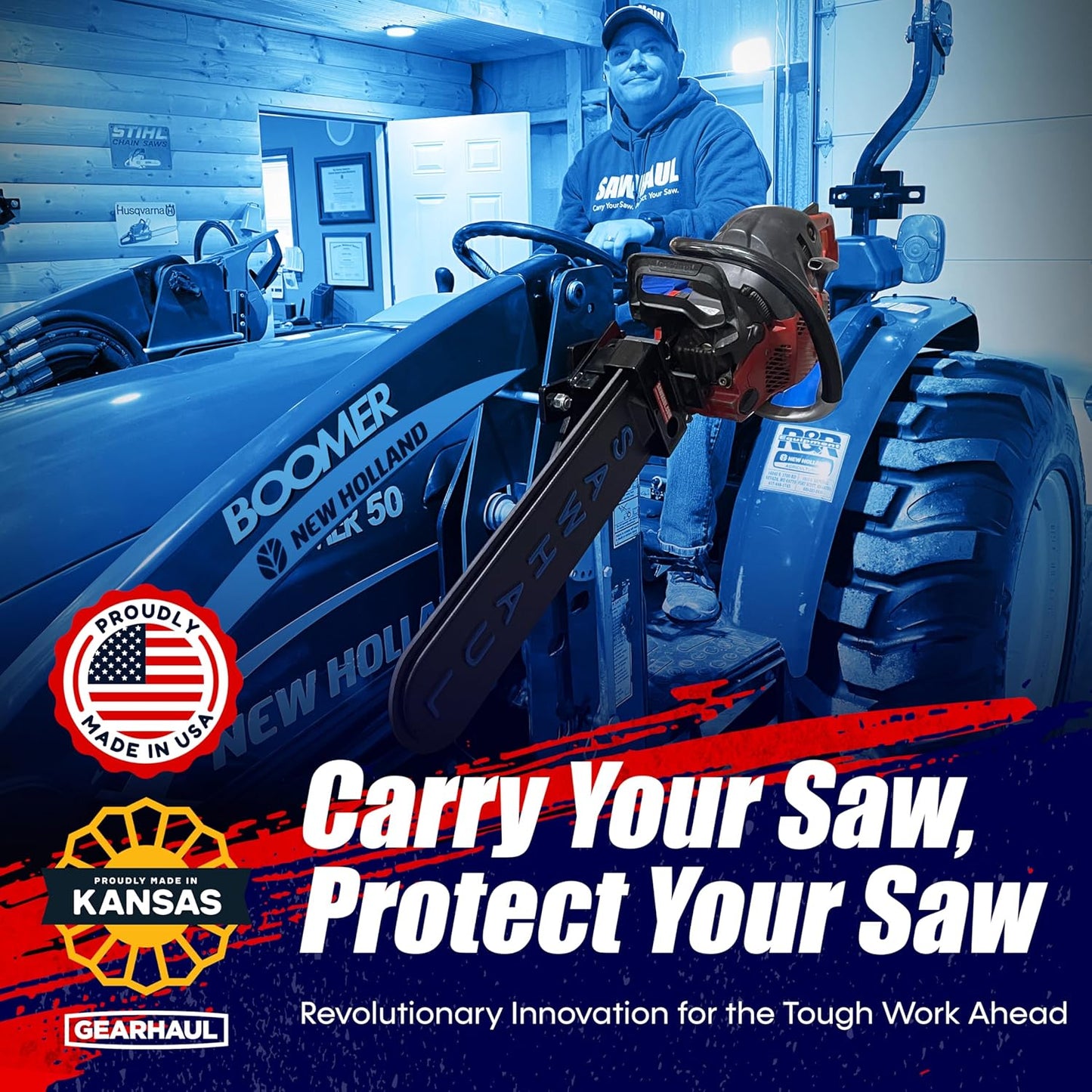 SawHaul Snap-Lok Universal Chainsaw Carrier Kit for Tractors and Skid Steers – 20 Inch Blue Scabbard with Rotating Mount – Compatible with All Chainsaw Brands – Made in USA