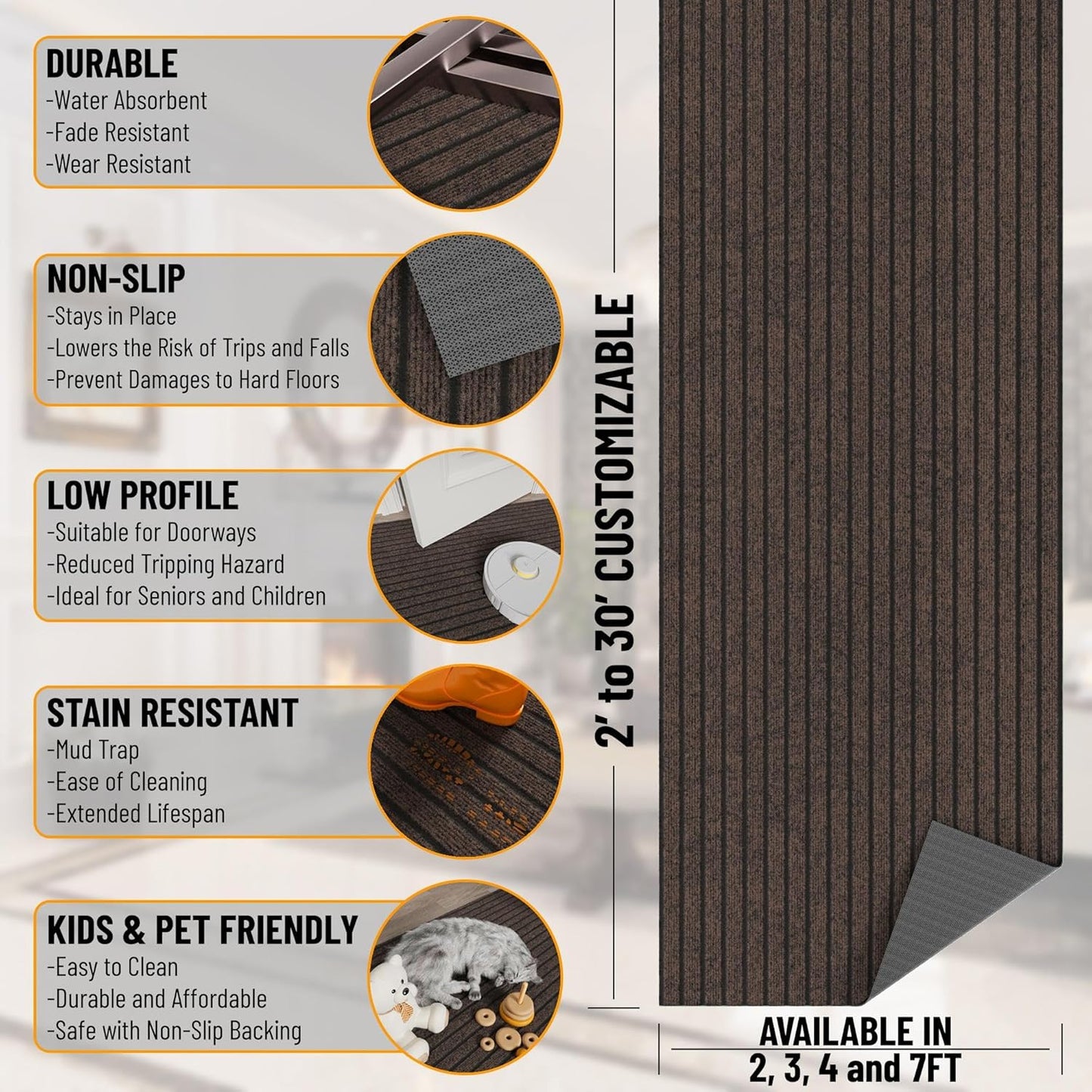 Ottomanson 2'7" x 12' Hallway Runner with Scraper Pile - Extra Durable Non-Slip Rug Mat for Indoor & Outdoor Use - Ideal for Kitchen, Entryway & Garage - High-Traffic Carpet, Brown