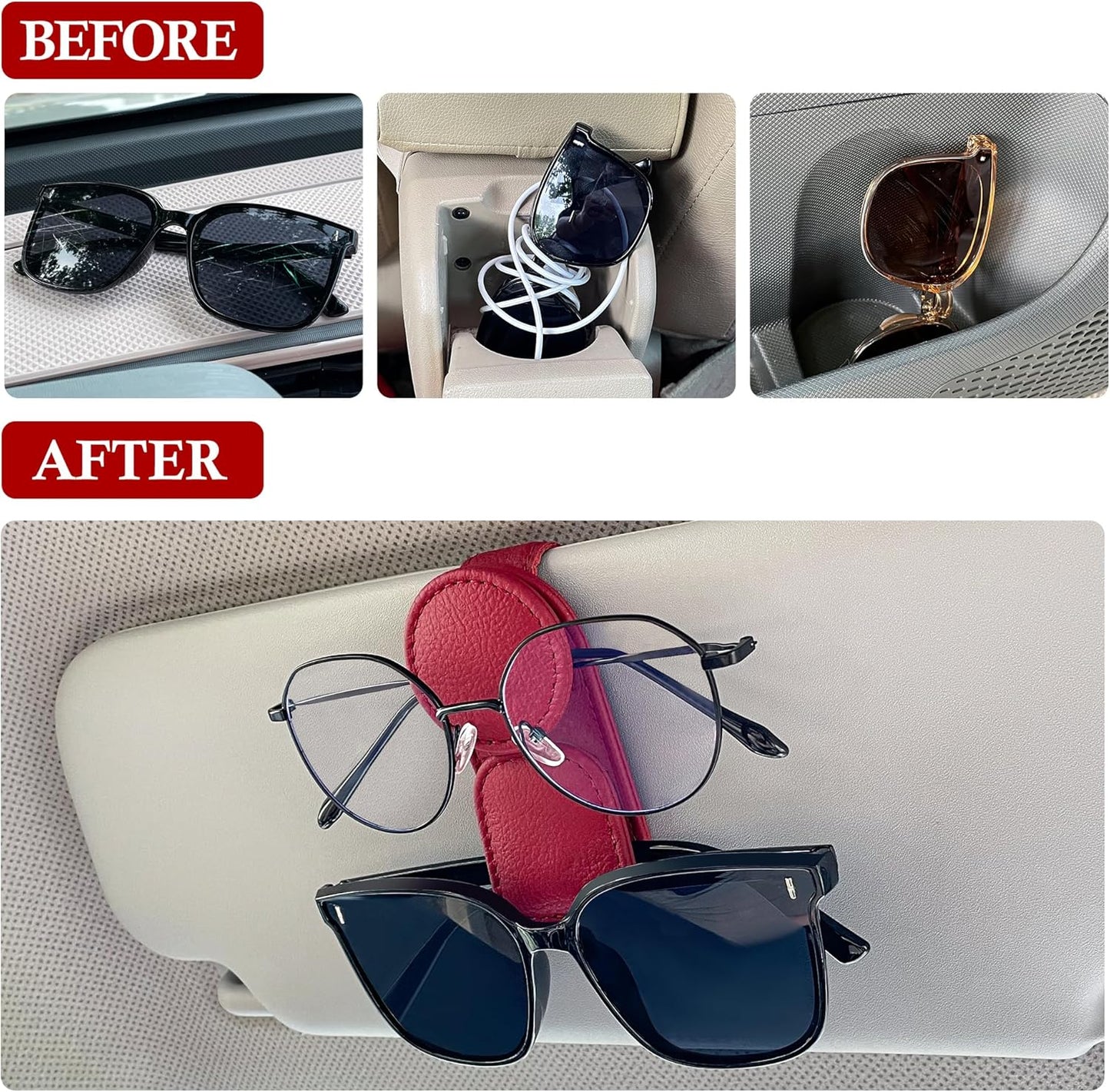 KIWEN 2 Pack Sunglasses Holder for Car Visor, Magnetic Leather Sunglass Eyeglass Hanger Clip for Car Sun Visor Accessories (2, Red)