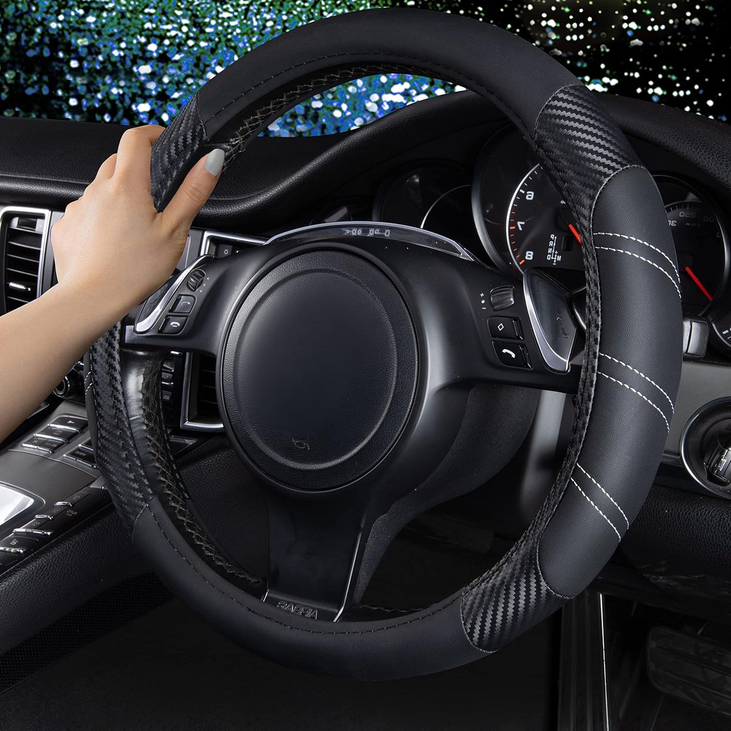 CAR PASS Line Rider Microfiber Leather Sporty 14.5-15 inch Steering Wheel Cover Universal Fits for 95% Truck,SUV,Cars, Anti-Slip Safety Comfortable Design (Black Carbon Fiber)