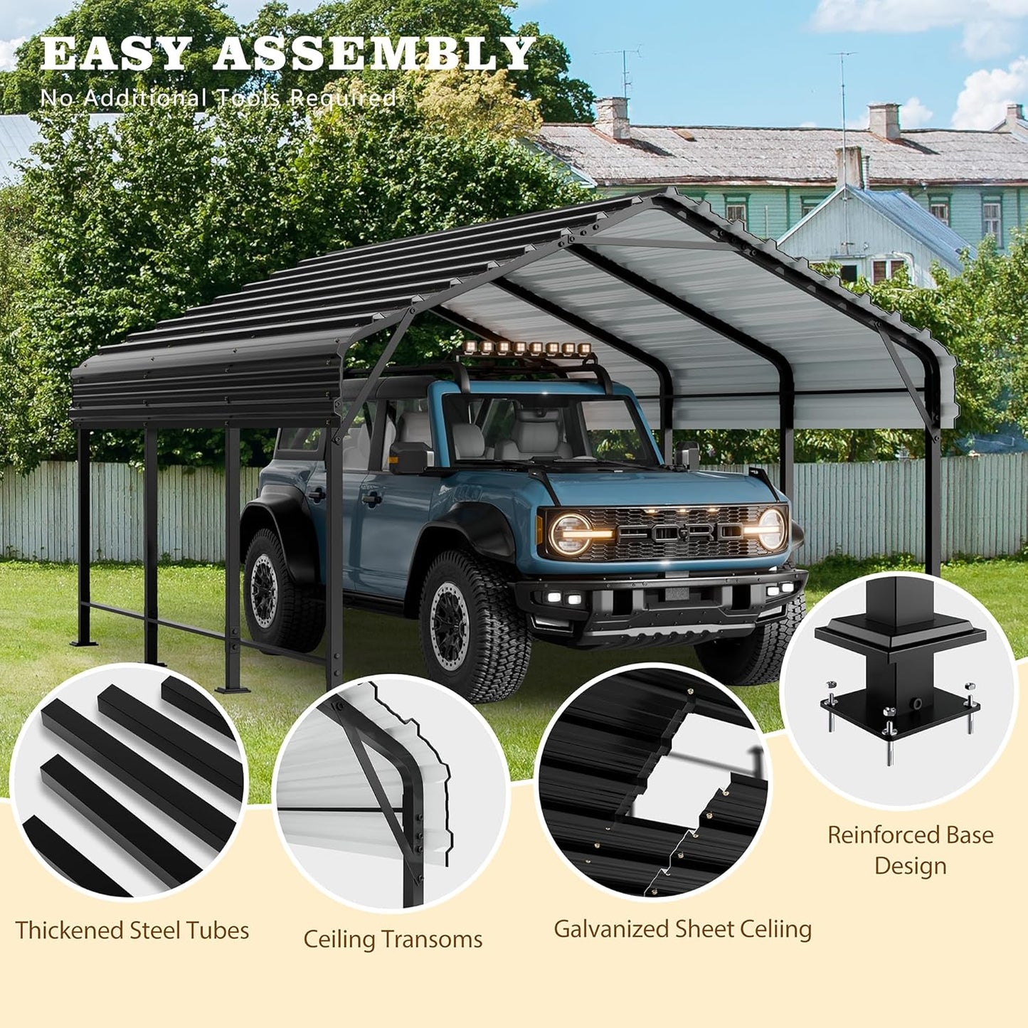 Walsunny Metal Carport 12x15 FT Heavy Duty Carport Canopy with Enhanced Base, Outdoor Car Shelter with Galvanized Steel Roof and Frame Garage for Truck, SUV, Boat, Gray