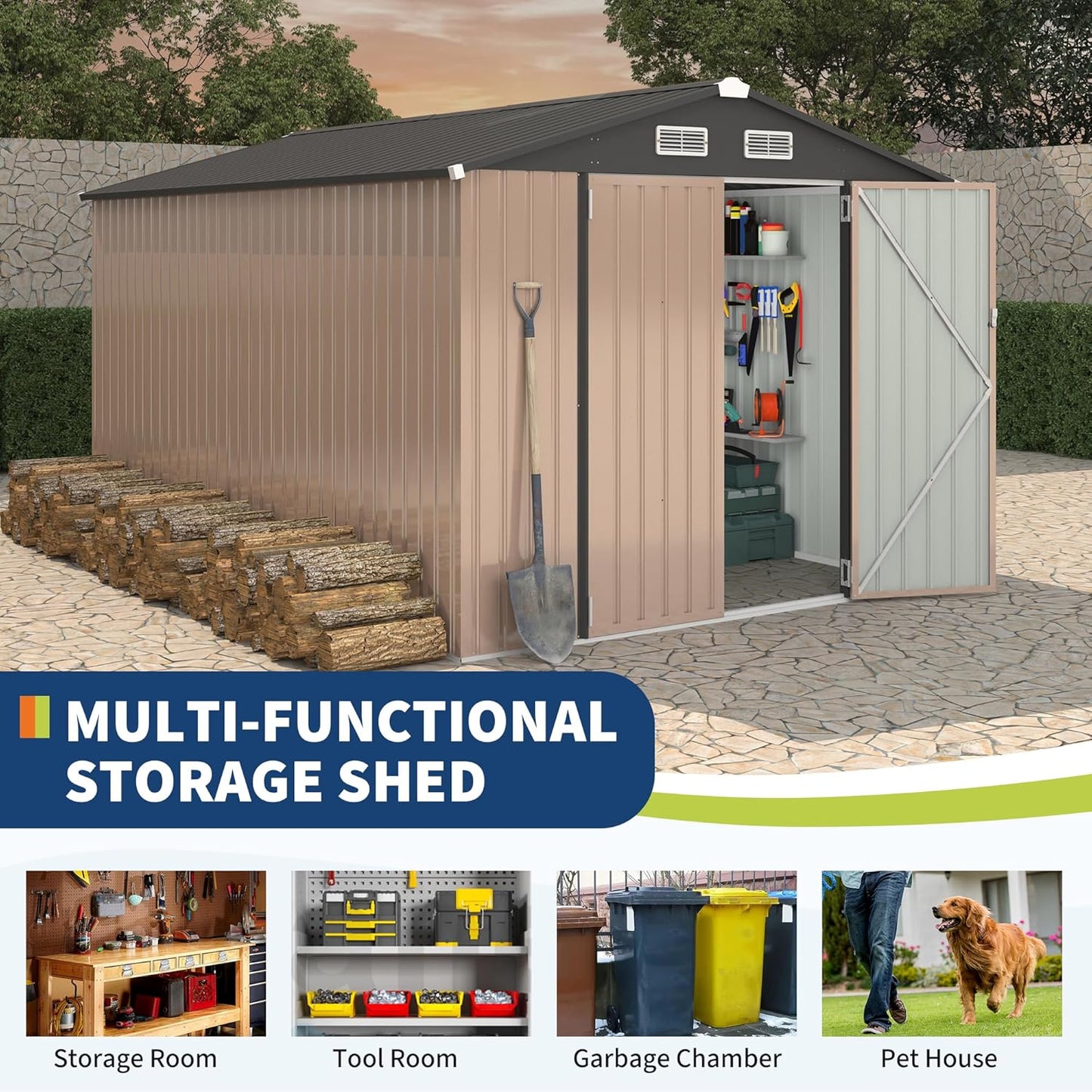 8x12 FT Metal Storage Sheds Outdoor, Metal ToolShed with Lockable Door, Metals Yard Sheds Metals Garden Shed Kit, MetalUtility Sheds Buildings with Air Vent for Backyard Garden Patio Lawn