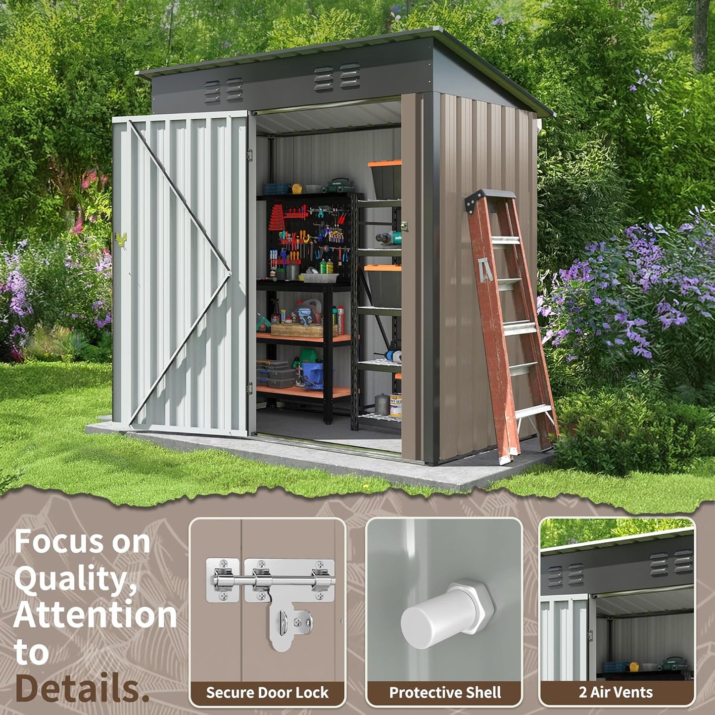 WKM 5x3 FT Outdoor Storage Shed, Utility Metal Tool Storage with Lockable Doors and Updated Frame Structure, Large Metal Garden Shed for Backyard, Patio Lawn,Brown