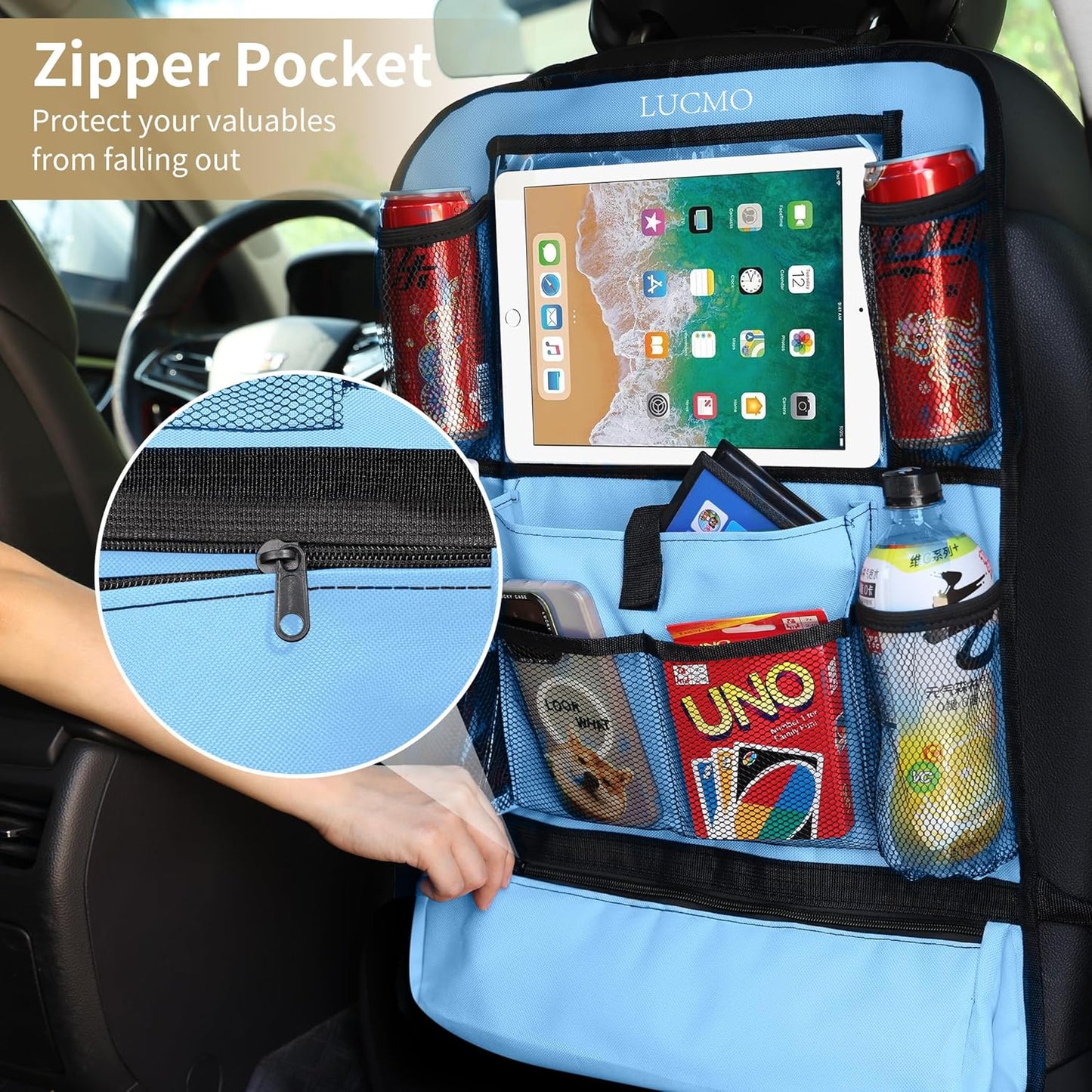 LUCMO Car Backseat Organizer with Touch Screen Tablet Holder-2 Pcs,9 Storage Pockets Car Storage Organizer Protectors Kick Mats Travel Accessories for Kids-Light Blue