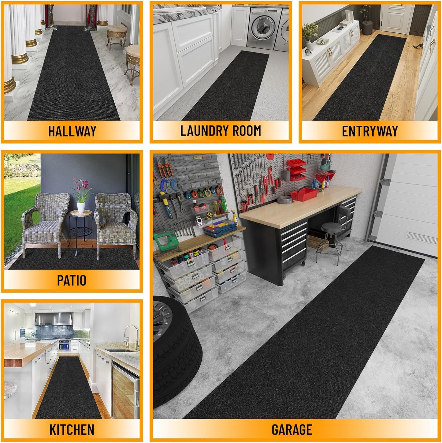 Ottomanson 2' x 24' Hallway Runner with Scraper Pile Extra Durable Non-Slip Rug Mat for Indoor & Outdoor Use - Ideal for Kitchen, Entryway, Patio & Garage - High-Traffic Carpet, Black