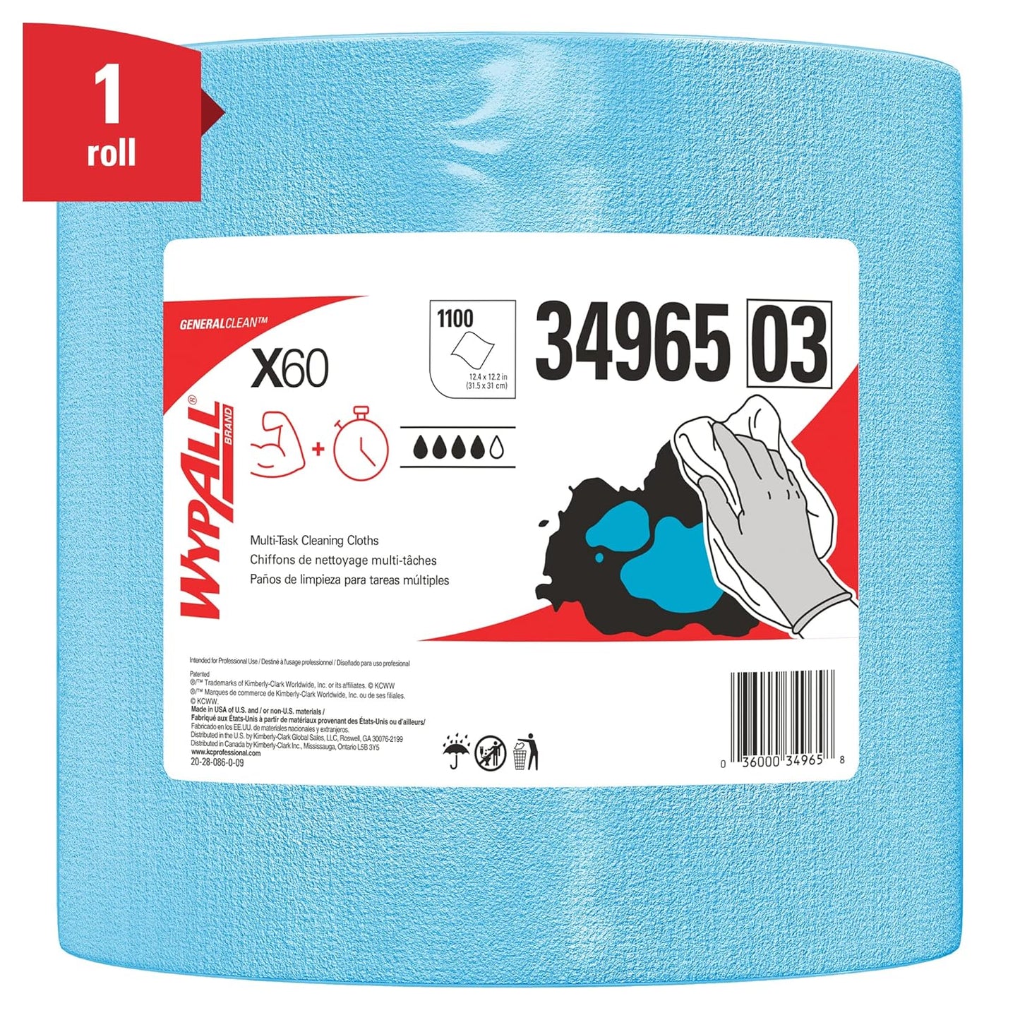 WypAll GeneralClean X60 Cloths Multi-Task Cleaning Wipes, Jumbo (34965), Strong and Absorbent Towels, Blue (1 Roll of 1,100 Sheets, 1,100 Sheet Total)