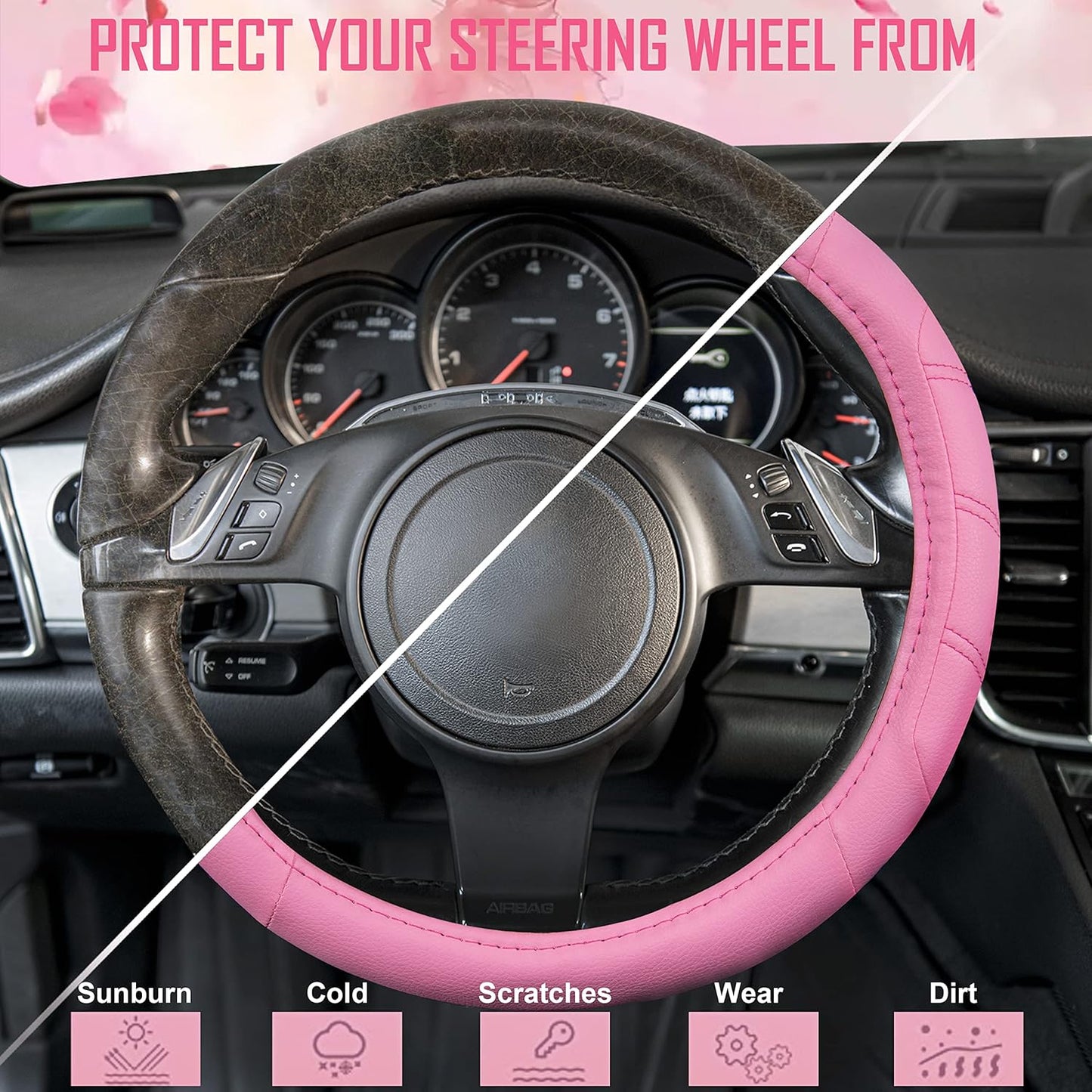 CAR PASS Line Rider Microfiber Leather Sporty 14.5-15 inch Car Steering Wheel Cover Universal Fits for 95% Cars Sedans SUV Trucks, Anti-Slip Safety Comfortable Design (Pure Pink)