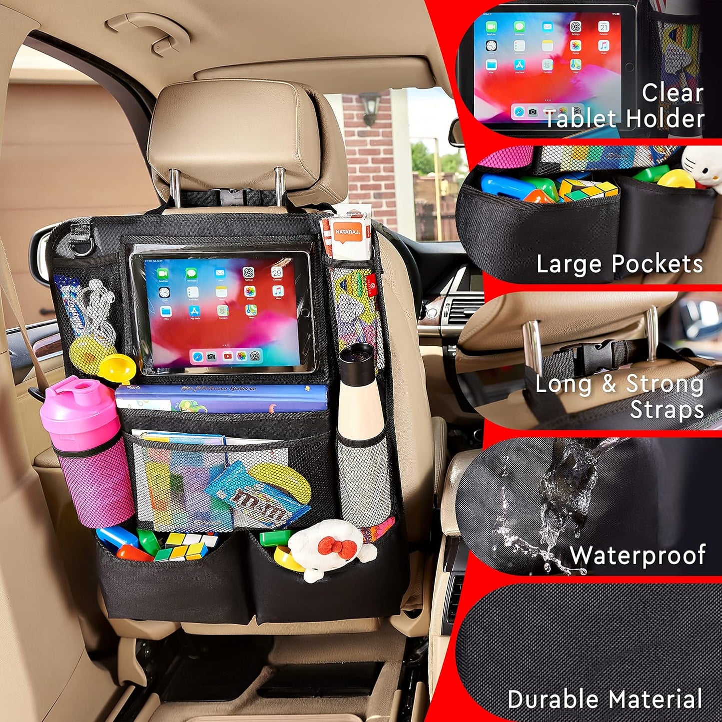 Helteko Backseat Car Organizer, Kick Mats Back Seat Protector with Touch Screen Tablet Holder, Back Seat Organizer for Kids with 9 Storage Pockets, Travel Accessories (2 Pack, Beige)