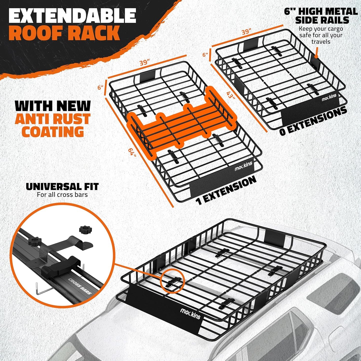 Mockins 64"x39"x6" Extendable Heavy Duty Roof Rack Basket w/ 16 CuFt Waterproof Cargo Bag for Top of Car | 250Lbs Cap All Weather Rooftop Cargo Carrier for Top of Vehicle & Car Top Carrier Accessories